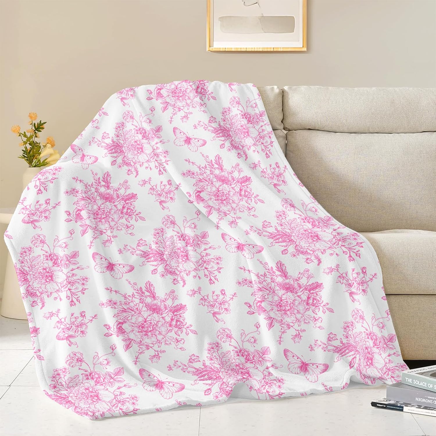 Pink and White Floral Throw Blanket, Fuzzy Soft Cozy Flannel Blanket for Home Bed Sofa Couch Chair, Decorative 50 x 60 Inch Blanket - Image 3