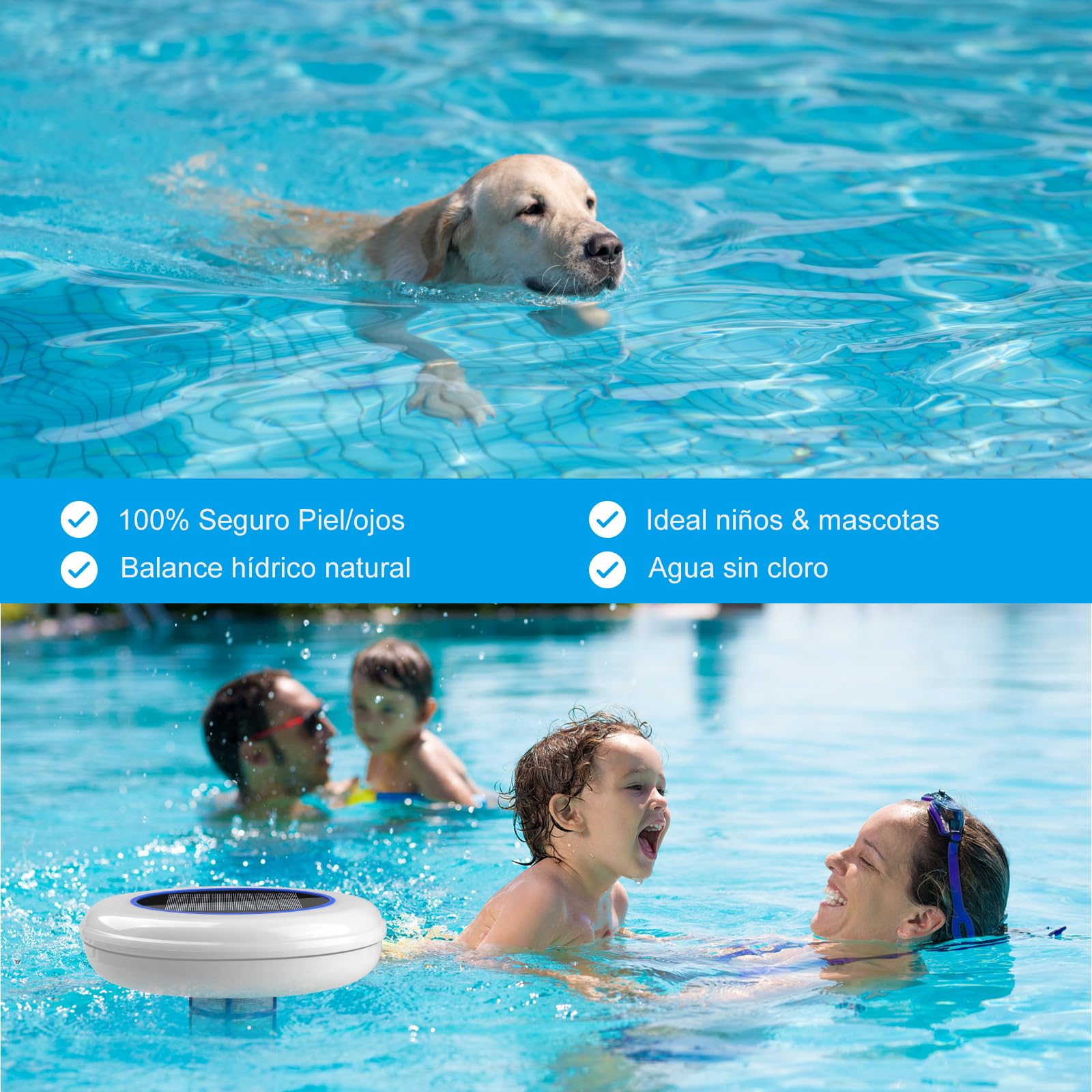 Ionizador Solar para Piscina con Iluminación LED – Purificador de Agua por Iones de Cobre y Plata – 22000 GAL Sin Cloro, IP68 Solar Limpiador Ionizador para Piscina, Fuente, SPA