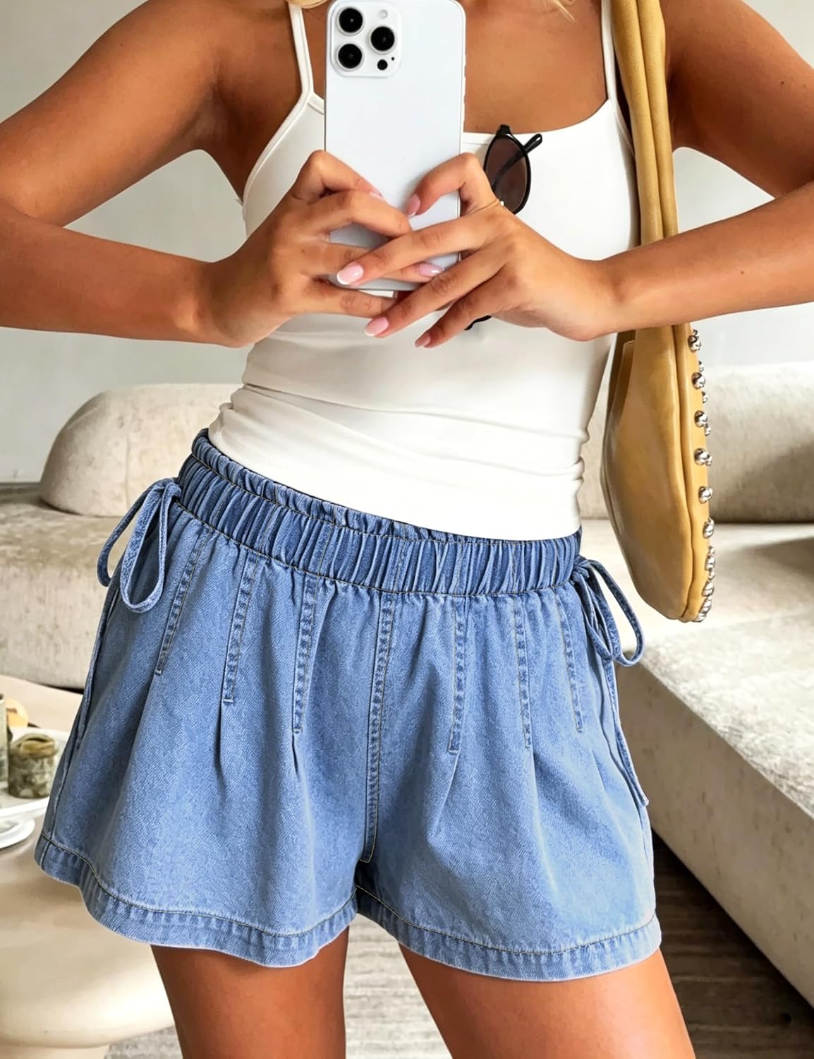 Jean Shorts Womens Elastic High Waisted Wide Leg Pleated Denim Shorts with Pockets Bow Summer Jorts for Women