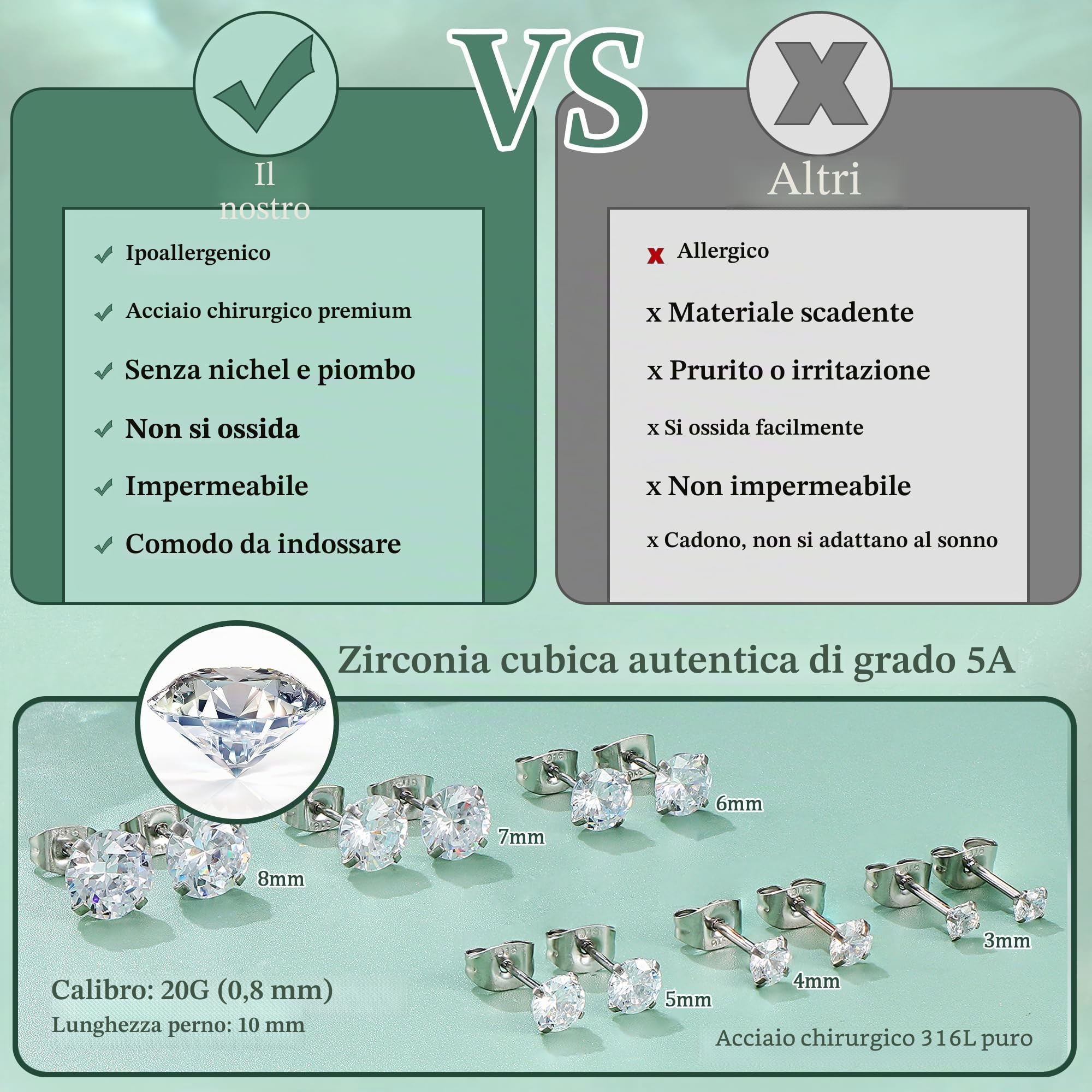 Diamday 6 Paia Orecchini per Donna Uomo Acciaio Chirurgico Piercing Orecchio Orecchini Anallergici Donna 5A Zircone Cubico Orecchini Argento Oro Helix Trago Cartilagine Orecchini Set Uomo