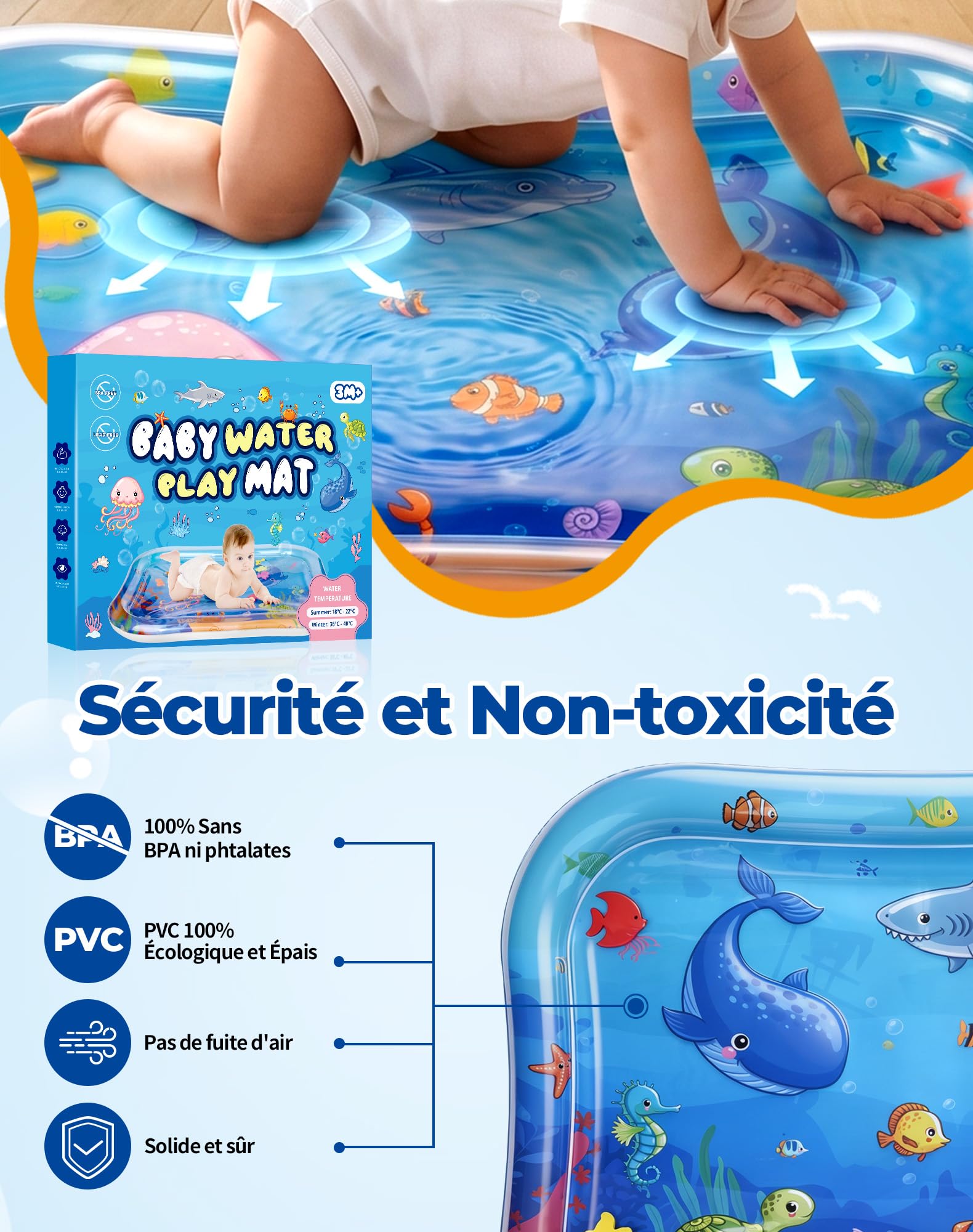 Grand Tapis d'eau Bébé 95x76cm Gonflable Tummy Time Tapis Eau Bebe Eveil Tapis Sensoriel Bébé Tapis Poisson pour Bébés et Tout-petits Cadeau Bebe Jouet Bebe 3 6 9 12 Mois