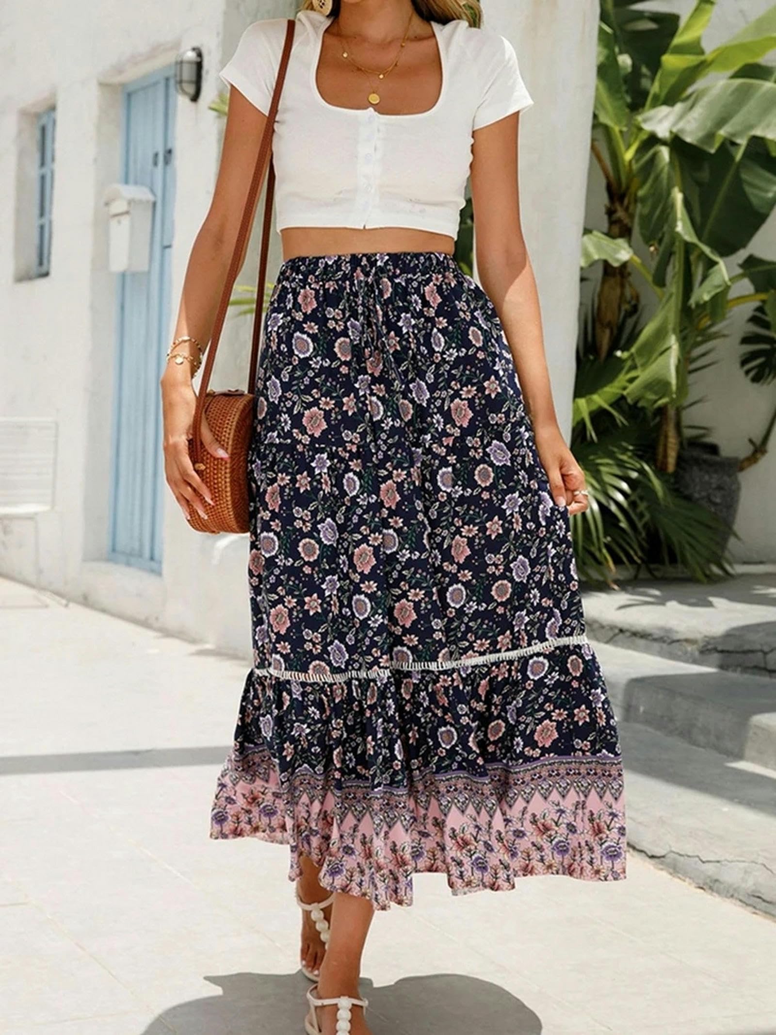 Gonna Elegante Gonne Lunghe per Le Donne Floreale Lace-Up Vacanza Beach Gonna Ruffle Vita Alta Gonna Estate Giovanile Donna Vestiti