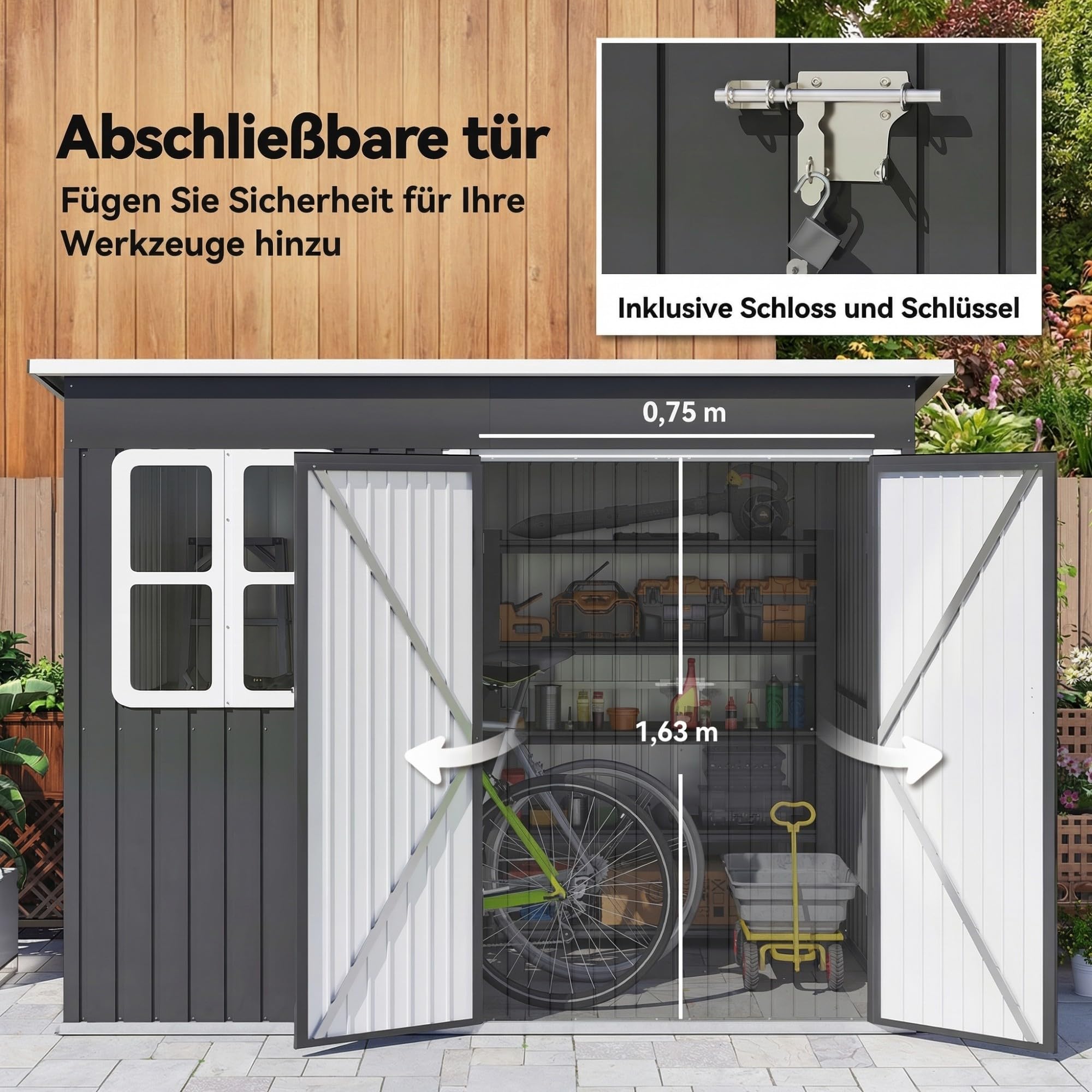 Outsunny Metall Gerätehaus 4,13 m² Geräteschuppen mit Fenster Pultdach 260 x 177 x 190 cm wetterfest Dunkelgrau