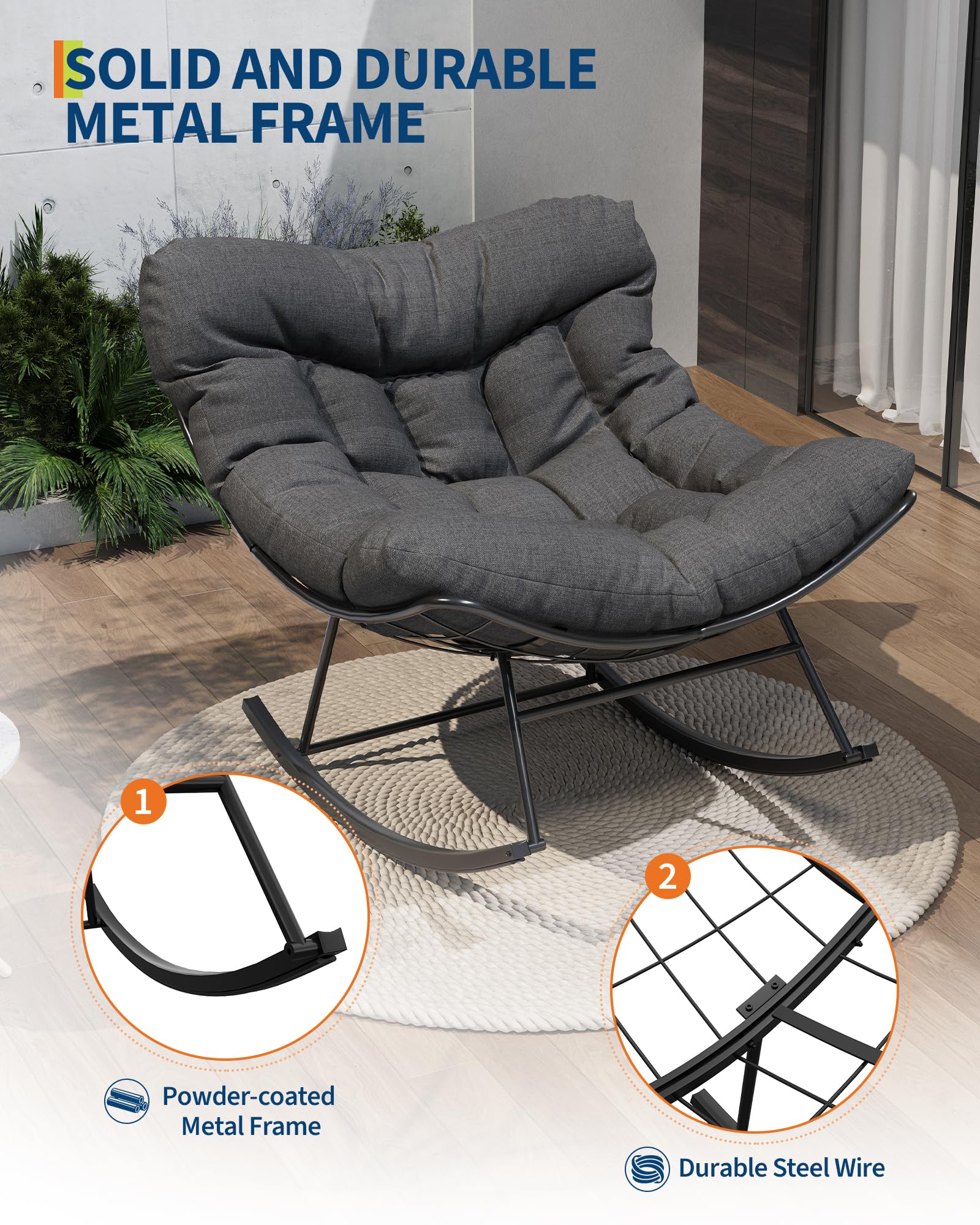 GarveeHome Schaukelstuhl Oversized, Schaukelsessel mit dickem Kissen & Metallrahmen, Relaxsessel für Poolside, Garten und Hinterhof, Tragfähigkeit