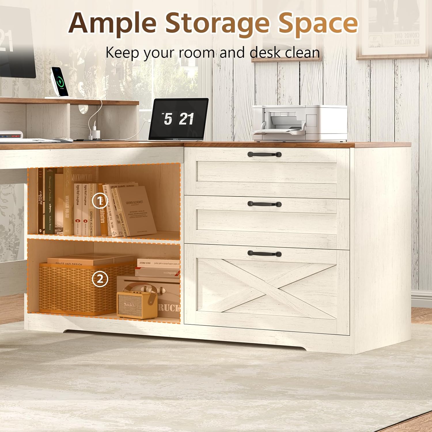YOMILUVE Farmhouse L Shaped Desk with Drawers, 61" Home Office Desk with Storage Cabinet and Power Outlet, L Shaped Computer Desk with Storage Shelves and Monitor Stand, Brown and White
