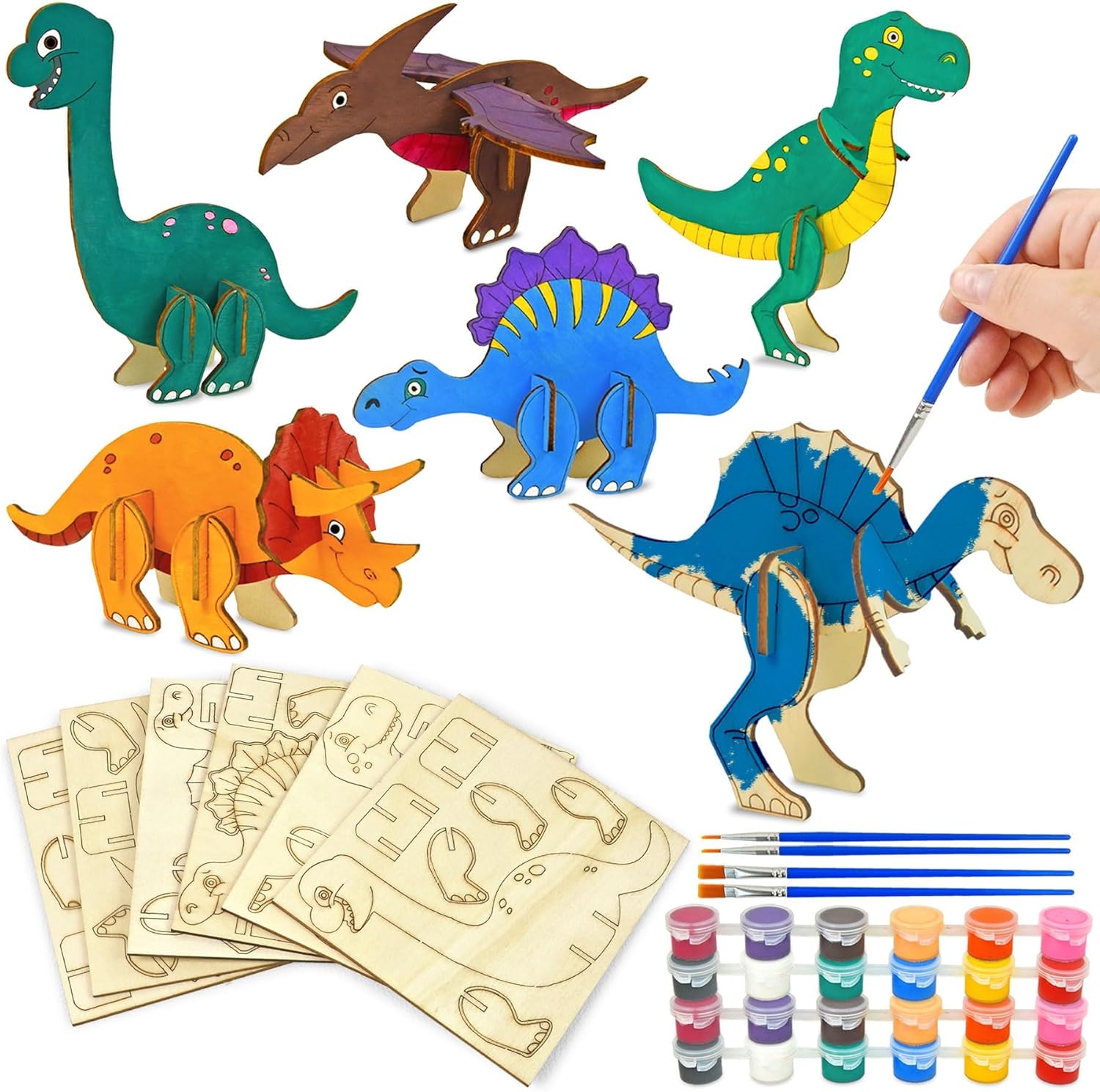 Vileafy Wooden Dinosaur Crafts for Kids Ages 4-8, 3D DIY Painting Kit with 6 Dinosaurs Toys, Brushes & Paint -Arts and Crafts - Preschool Activity and Gift for Boys and Girls
