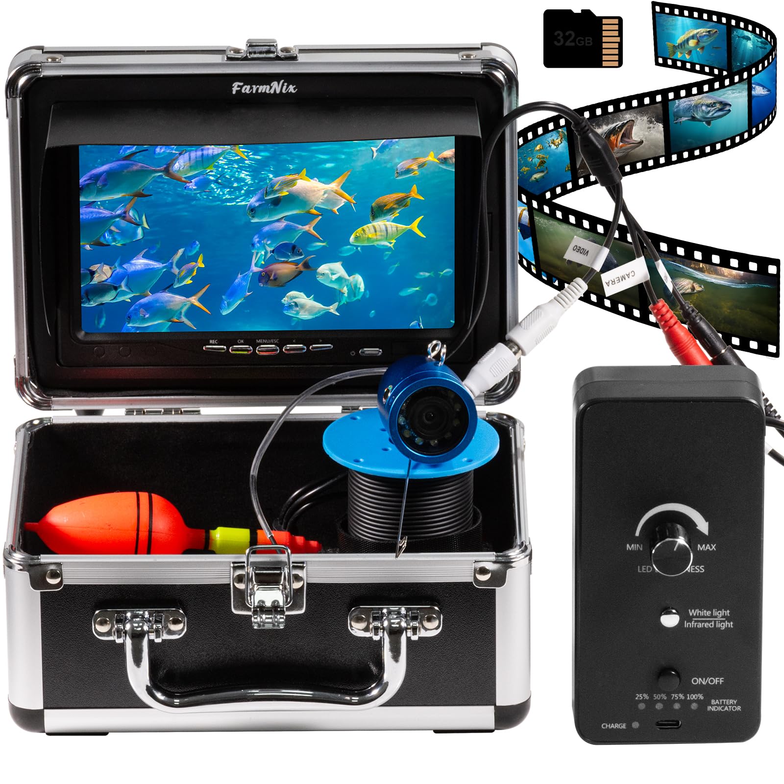 MTCHAVNO 7" IPS Underwater Fishing Camera with DVR & 32GB,10000mAh Fish Finder IP68 Waterproof,LED+IR Night Vision 30M Cable Depth,1200TVL HD Fishing Camera for Ice Fishing Lake Fishing