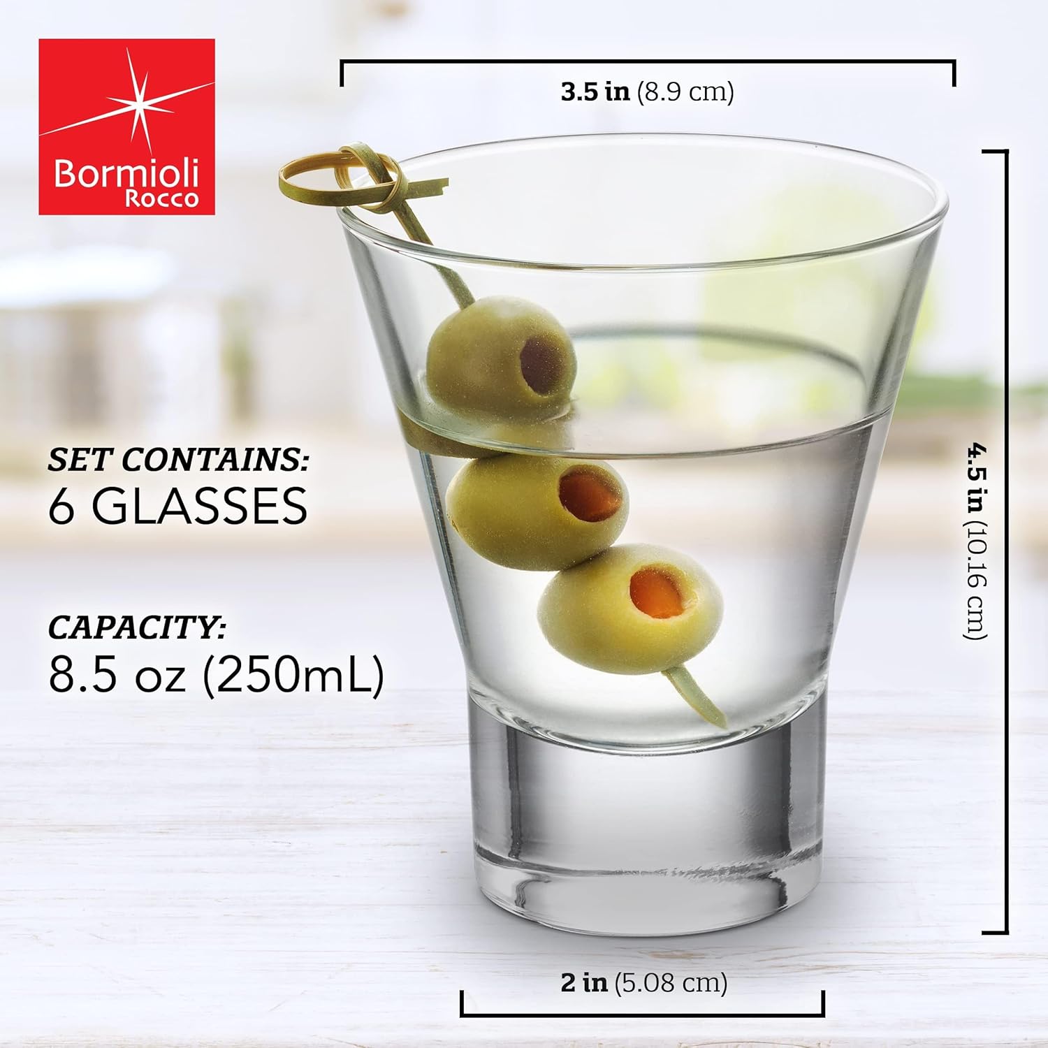 Bormioli Rocco Ypsilon Pre Dinner Glasses - Set of 6, 8.5 Oz Modern Aperitif Drinkware for Cocktails, Wine & Beverages – Elegant Italian Barware - Clear Glass Cups, Dishwasher Safe