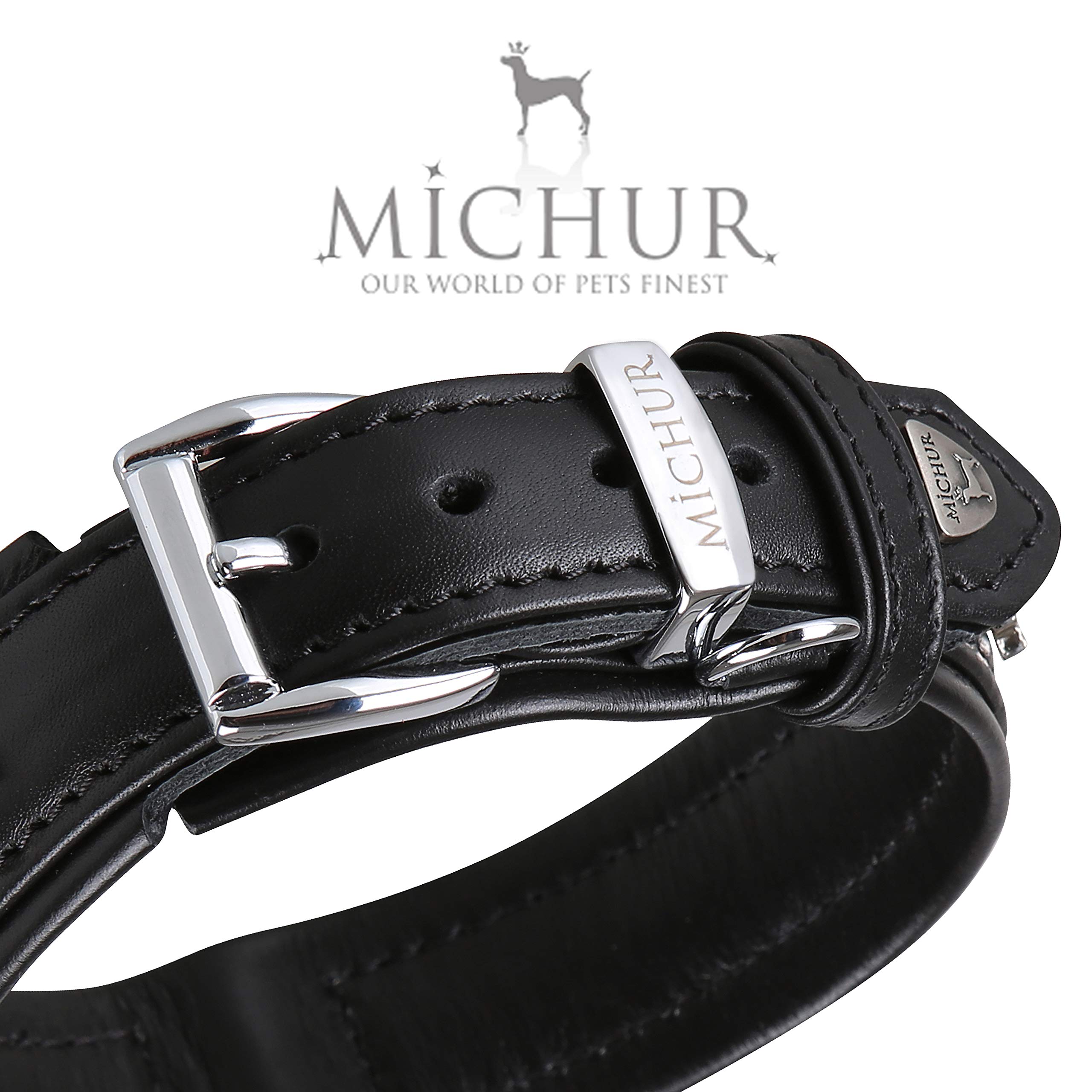 MICHUR EL Pavo Hundehalsband Leder, Lederhalsband Hund, Halsband, Schwarz, Leder, mit Lilien, Strasssteinen und grossem Pfauenauge, in verschiedenen Größen erhältlich