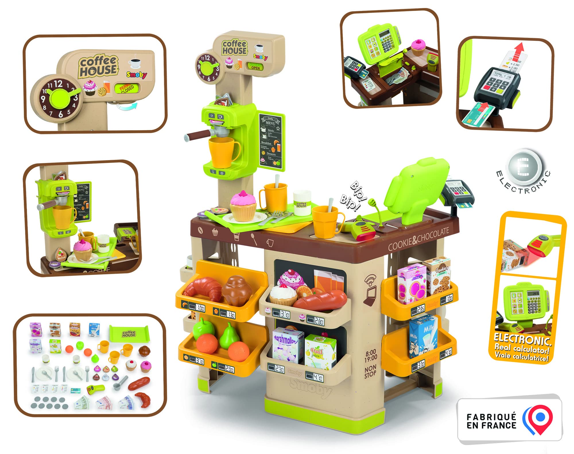 Smoby - Roleplay Coffee House, 7600350232, +3 Anni, 57 Accessori, Macchina del caffè, Registratore di Cassa, H. 89 Cm