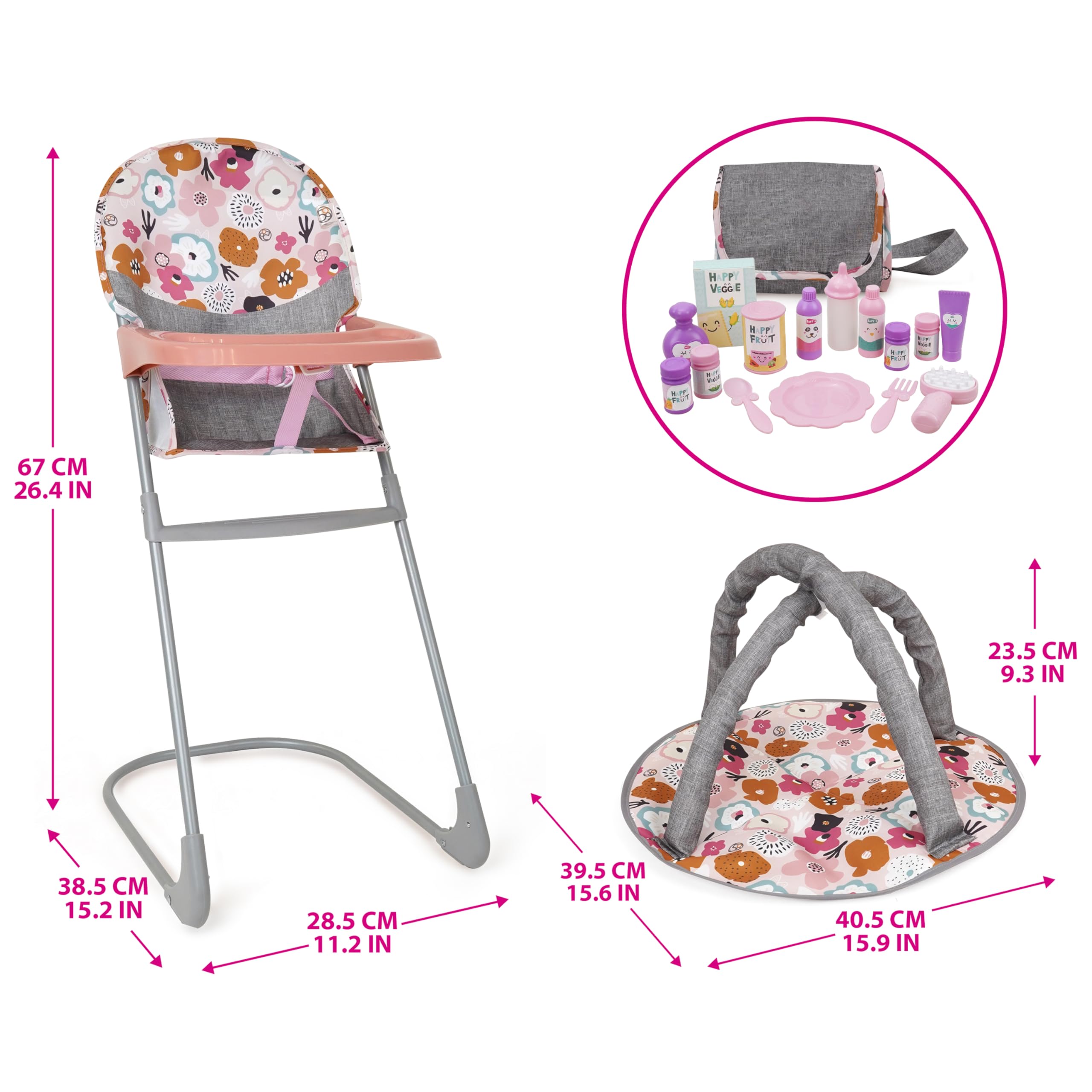 509 Zestaw 19 szt. City Park Doll Pram n Play, Multi Play Doll Pram Stroller, High Chair, Activity Gym, Changing Bag, 15 sztuk, akcesoria do lalek 53 cm, dla dzieci w wieku 3+