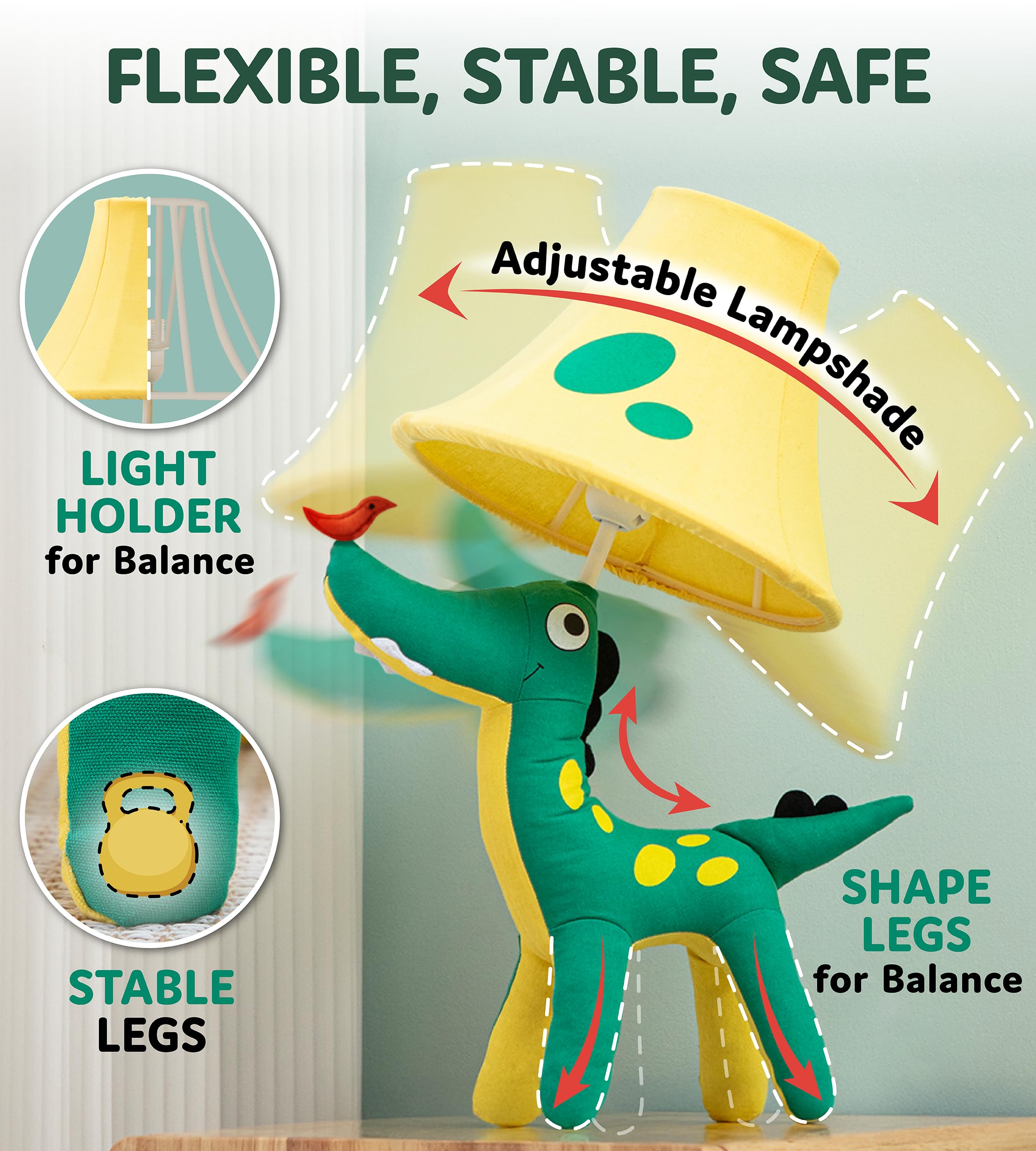 Lámparas de dinosaurio para niños, decoración de dormitorio, dinosaurio verde y amarillo