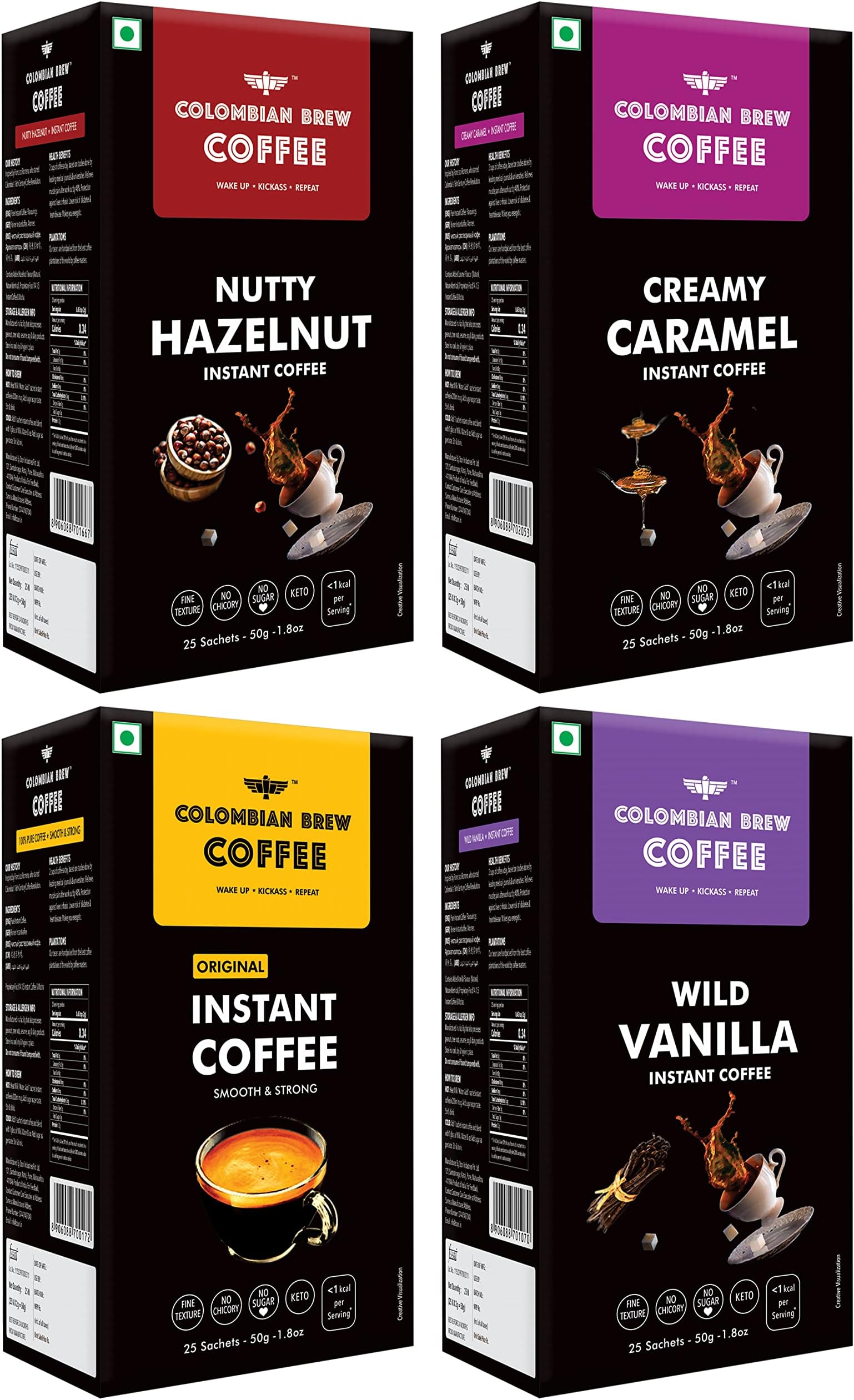 Colombian Brew Hazelnut Instant 50g, Caramel Instant 50g, Vanilla Instant 50g, Pure Instant Coffee Powder 50g, No Sugar Vegan,(Gift Pack Box Diwali, Rakhi) Buy 3 Get 1 Free
