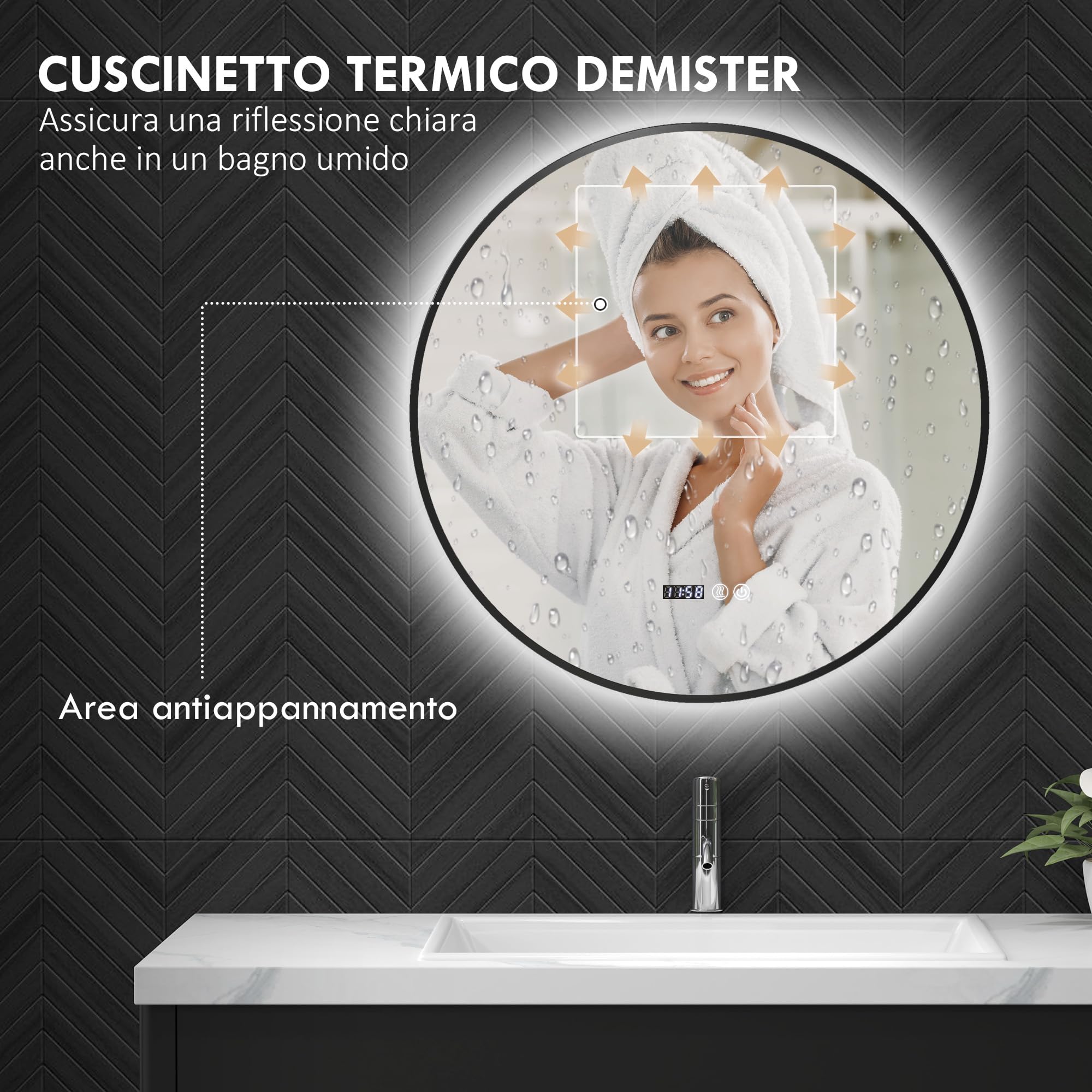 HOMCOM Specchio da Bagno con Luce LED Regolabile, Specchio Rotondo Anti Nebbia 70 cm, Specchio da Parete con Smart Touch con Display Ora e Temperatura e Funzione Memoria, IP44, Nero