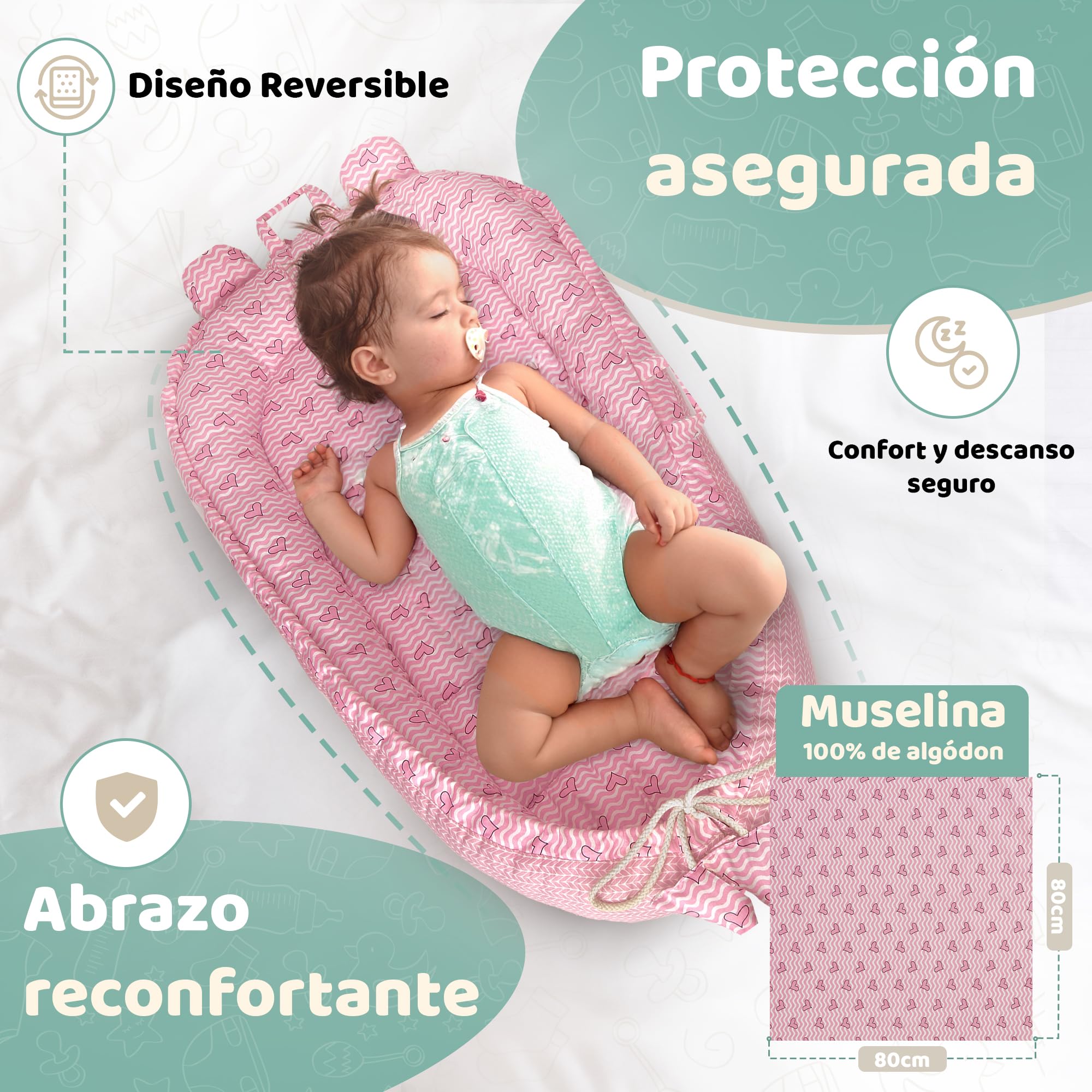 Nido neonato 90x50cm - Letto nido per bebè - Riduttore per culla - Mini culla - Cesta per neonato - Culla portatile o da viaggio - Mussola leggera 80x80cm - 100% cotone (Cuori rosa)