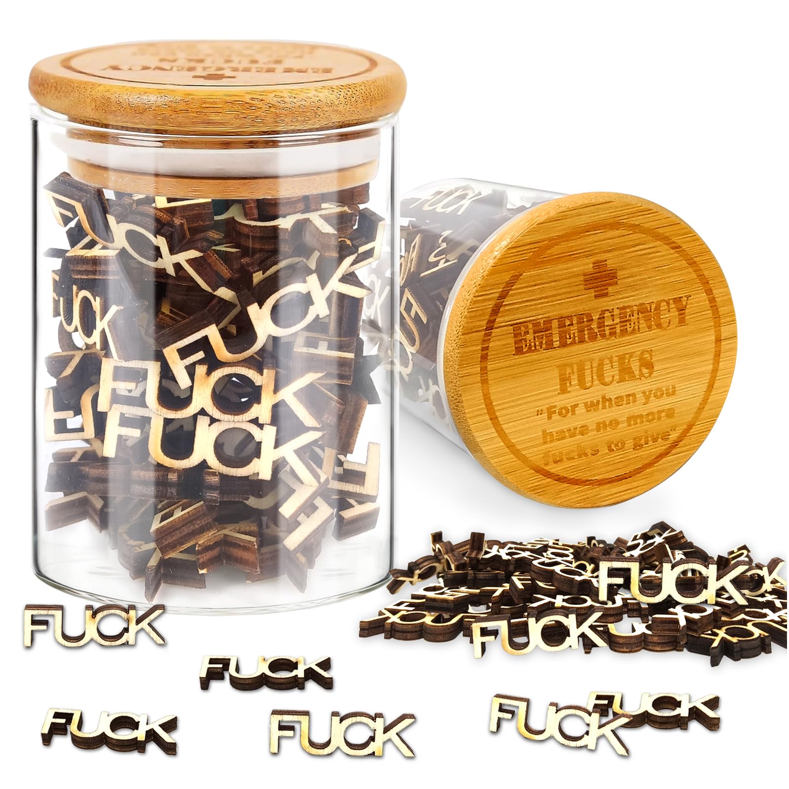 Emergency Fuck Jar, Jar of Fucks Gift Swear Jar Jar Fucks to Give Fuck Wooden Cutout Letter Piece Bad Mood Vent Spoof Gift for Birthday Mother's Day Christmas Valentine's Day Gag Gift Desk Decor