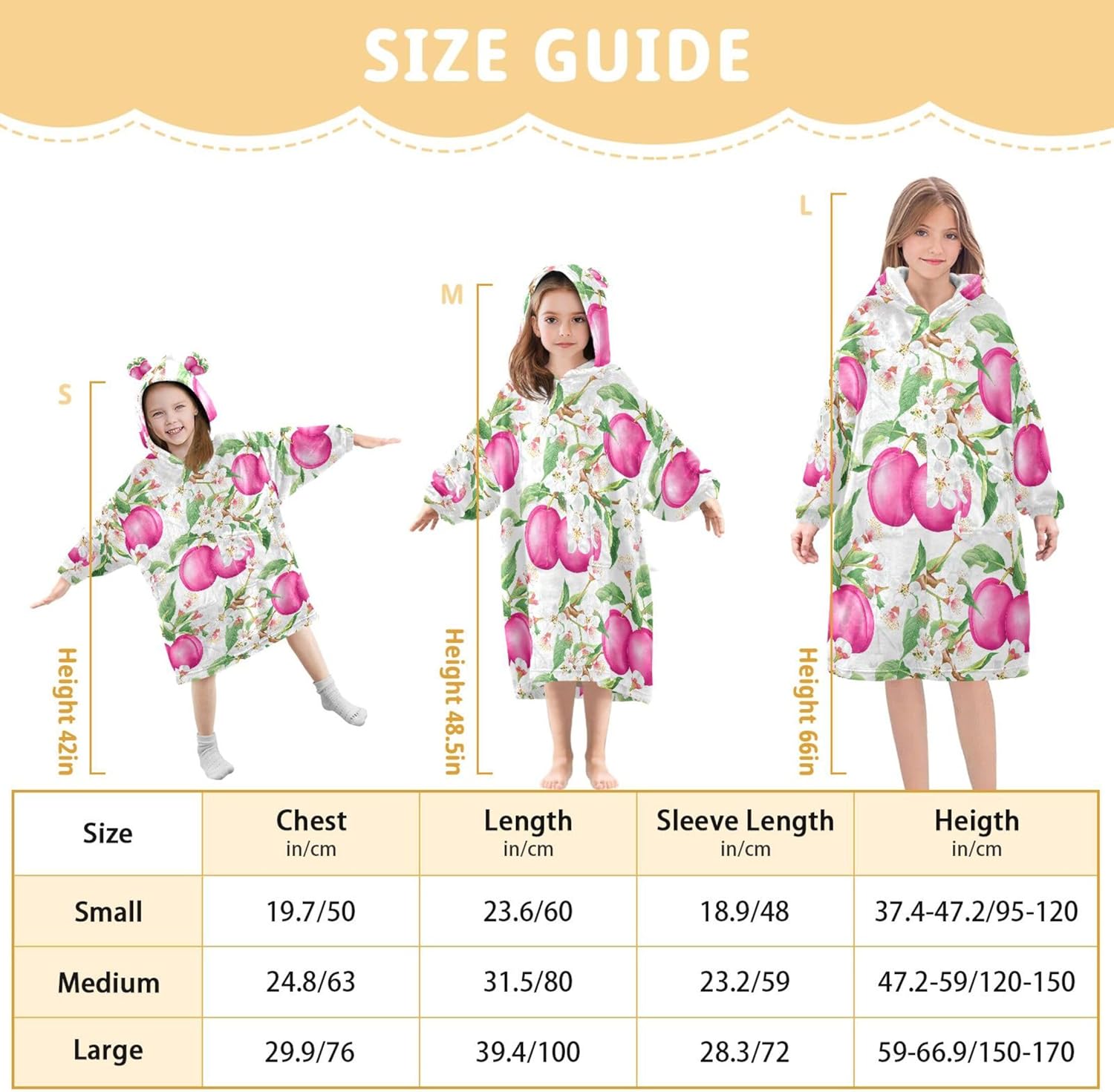 Plum Fruit Flower Kids Wearable Blanket Hoodie with Pocket and Sleeves for Toddlers, Cute Hoodies 3-14 Year Girls Boys