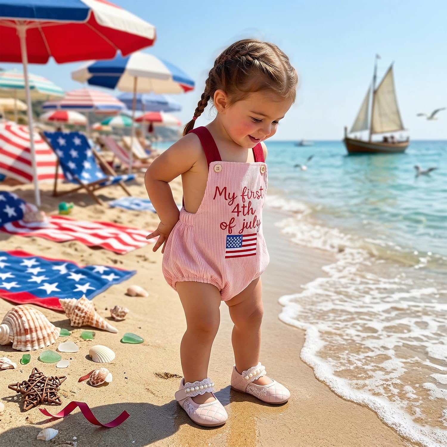Ayalinggo My First 4th Of July Baby Girl Boy Outfit Letter Embroidery Romper Sleeveless Backless Overall Summer Clothes