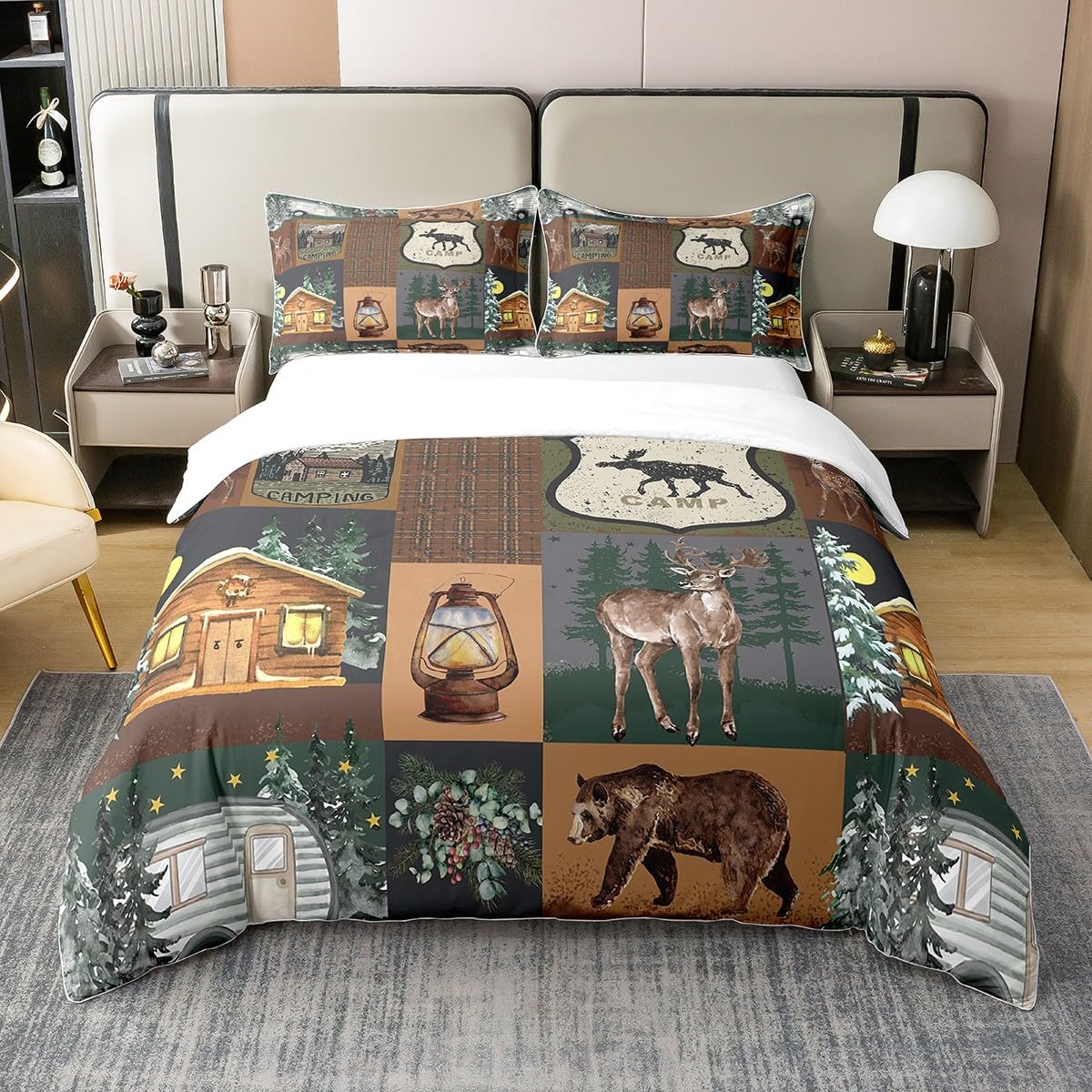 Couvre-lit Ours Rustique 260x240 Cm + 2 Taies - Style Ferme Western, Motif Chasse Bois