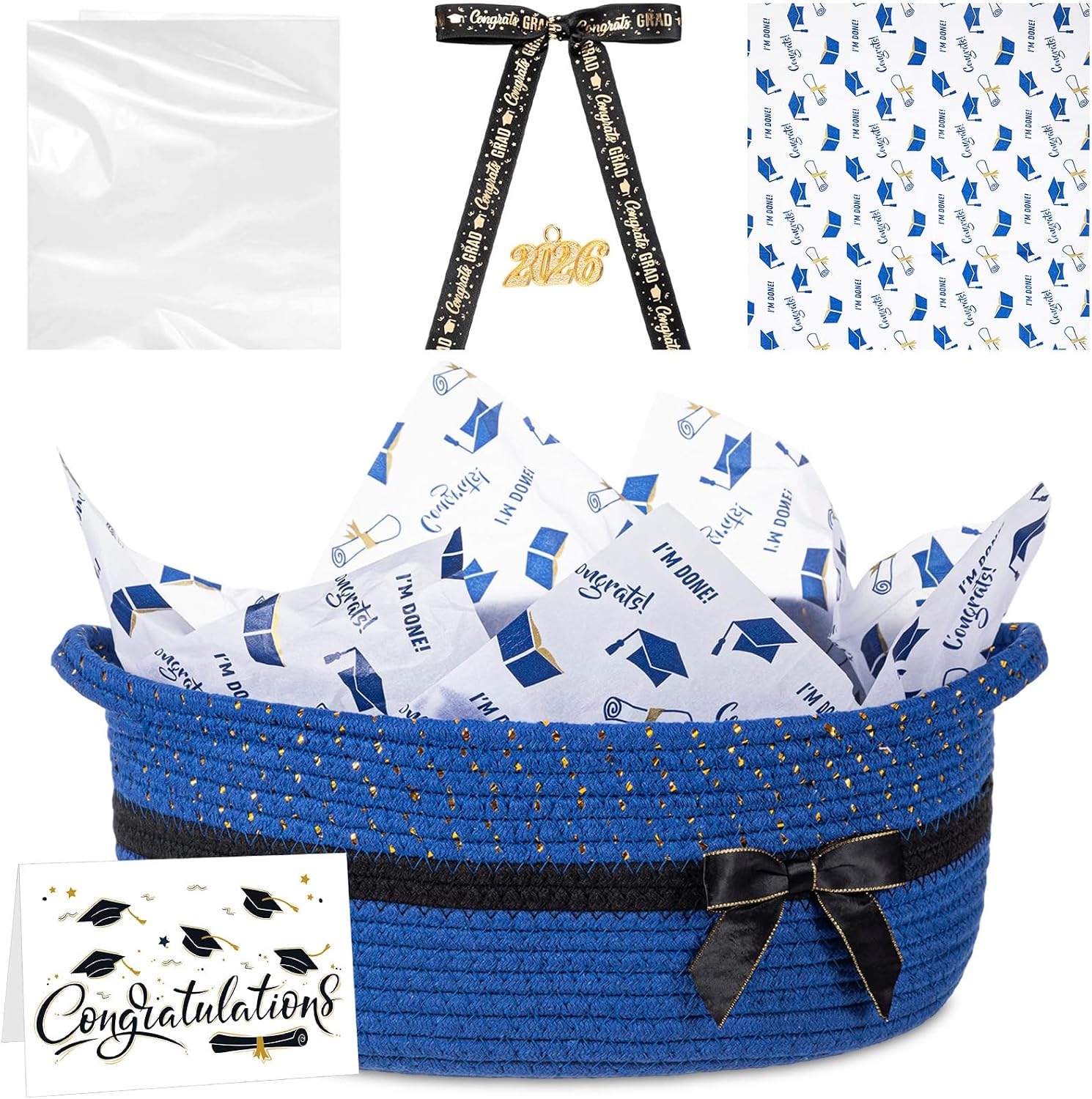 Colingmill Gift Basket for Graduation, Empty Woven Basket with Gift Bag Bow and Tissue Paper, Decorative Rope Baskets for 2026 Grad Keepsake Gifts, 14"x 10"x 5.5"(Royal Blue)