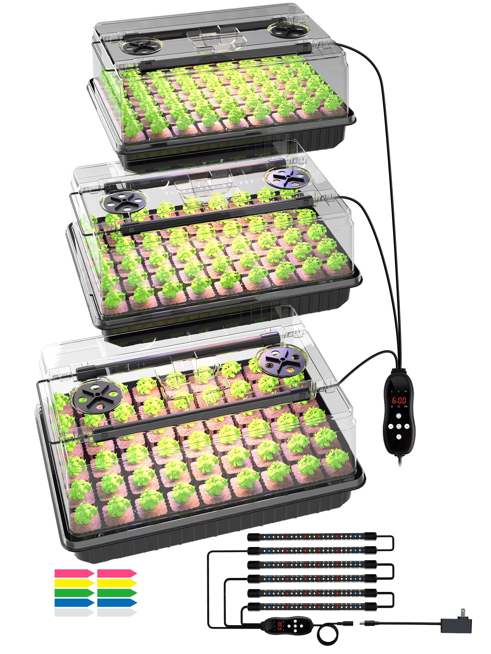 GLOWRIUM Bandeja de inicio de semillas con luz de crecimiento de espectro completo, kit de inicio de semillas de 54 celdas con cúpula de humedad, temporizador automático de 6 ajustes, brillo ajustable