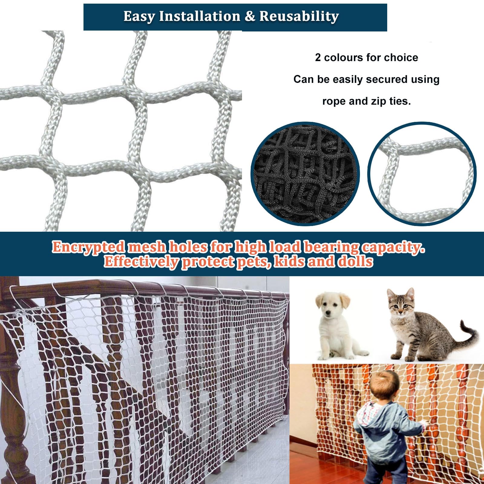 Rete di Sicurezza per Bambini Gatti, Rete di Protezione Arresto Caduta Zenza Nodi Resistente All'Usura per Scale e Balconi Ringhiere Altalena Da Giardino(Size:1 * 2m(3 * 7ft),Color:bianco)