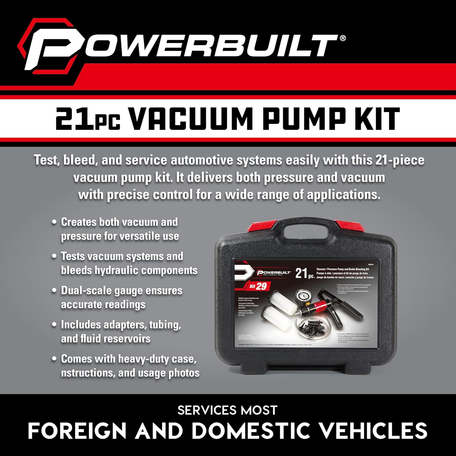 Powerbuilt Vacuum Pump Set with Hoses, Repair Components and Hydraulic Systems, Hoses, Reservoir and Adaptors, Bleed Air and Siphon Car Fluids 648774
