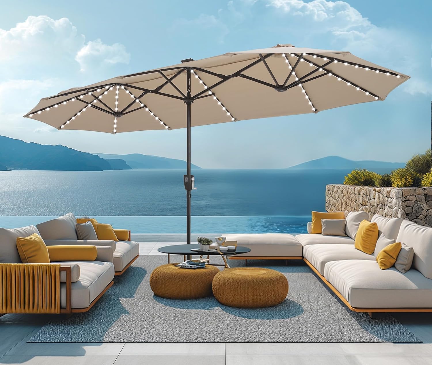MFSTUDIO 13ft Patio Umbrella with Solar Lights, Double-Sided Outdoor Table Rectangular Umbrellas with 120 LED Lights, Hand Crank for Backyard Pool, Beige