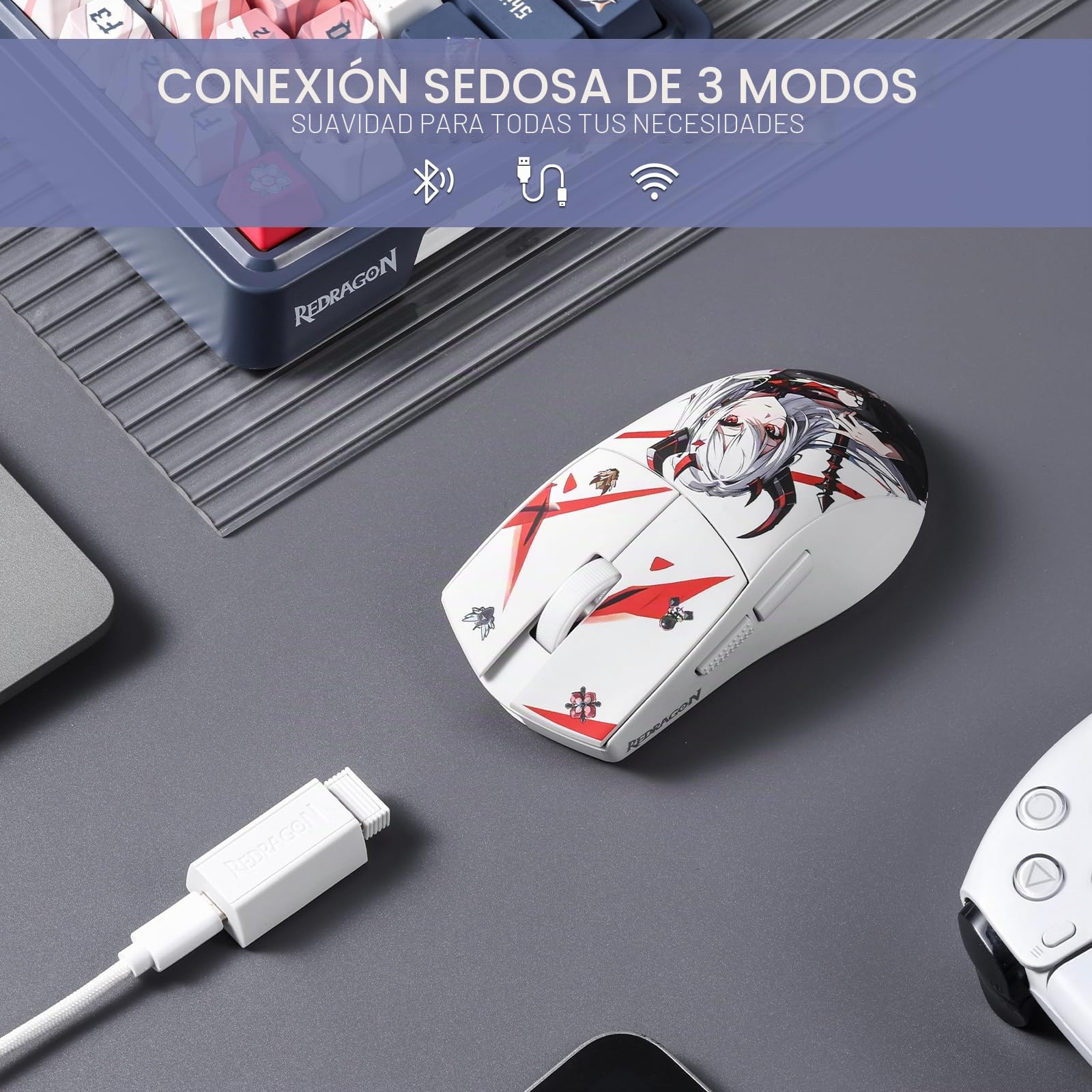 Redragon M916AK PRO - Ratón de juego de anime 3 modos, 42 G, ultraligero, 26 K DPI, conergonómico agarre natural, botones programables, software compatible