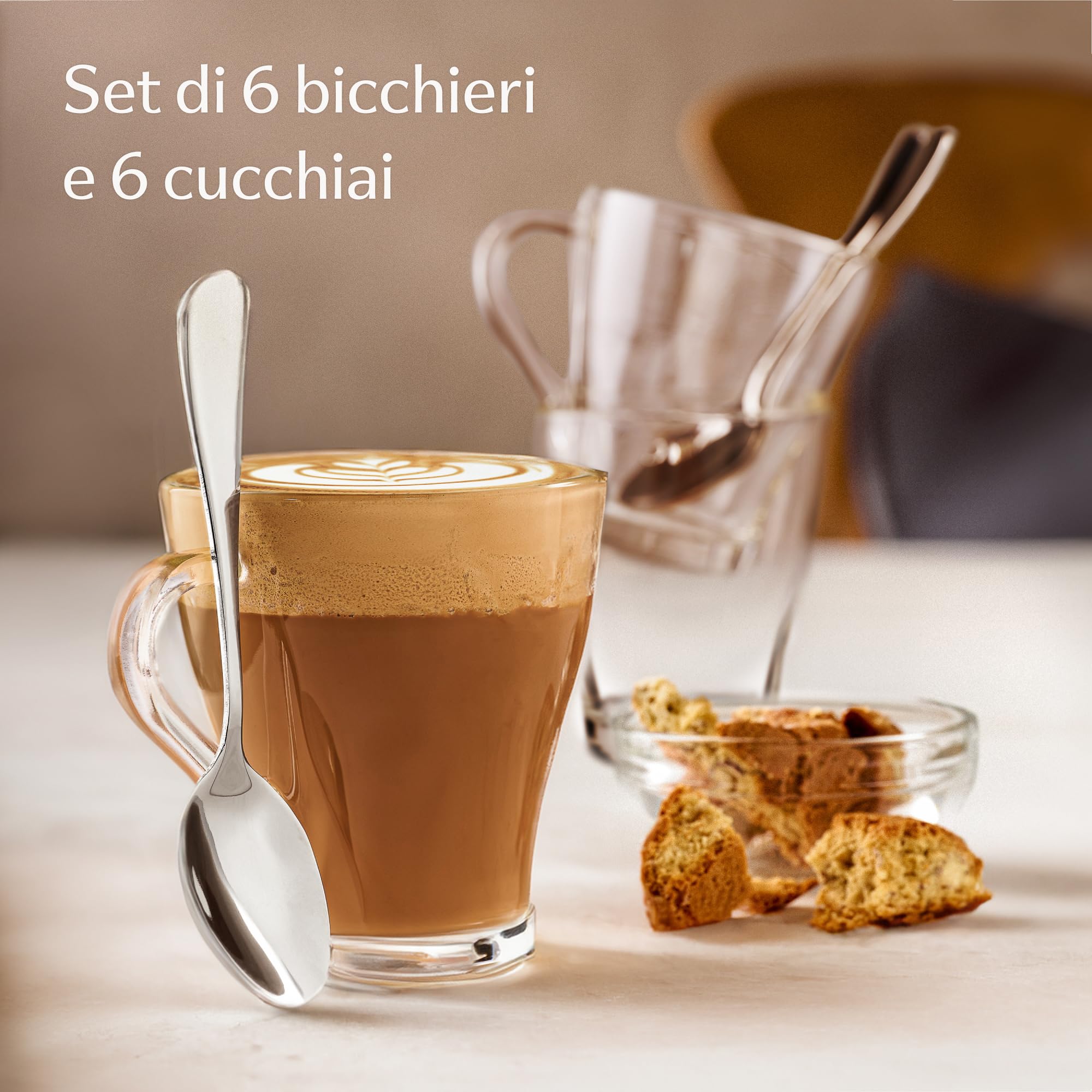 Cosumy 6 Tazze da Cappuccino in Vetro con 6 Cucchiaini - 250ml - Mantengono il Calore - Lavabili in Lavastoviglie adatto alle Microonde - Temprato Tazza Caffe