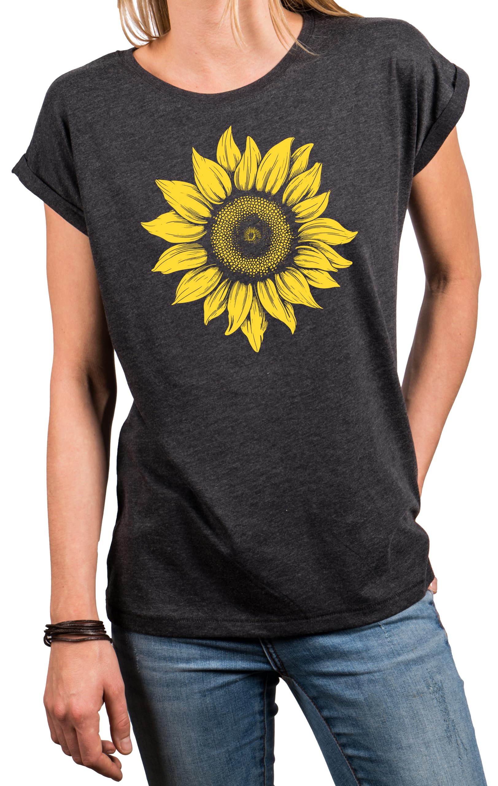MAKAYAWomen's Sunflower Shirt Short Sleeve Top Crew Neck Flower Graphic Tee