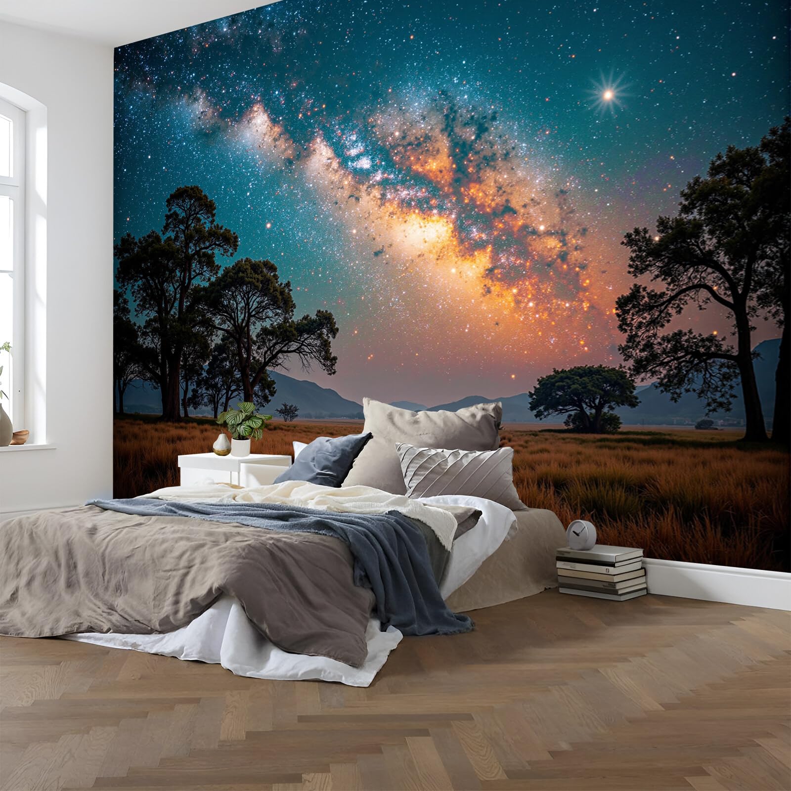 Carta Da Parati Fotografica 200X140Cm Campi Stellati Paesaggio Da Sogno Poster Murale Soggiorno Camera Da Letto,Grande Fotomurali Murale Decorazione Della Parete, Blu