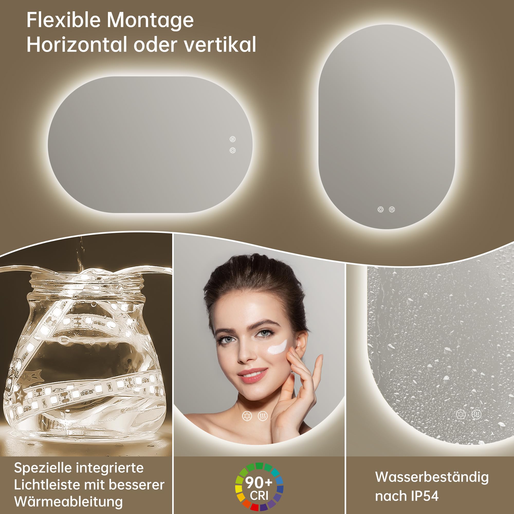 50x75cm LED Badspiegel mit Beleuchtung Oval | Badezimmerspiegel mit Beleuchtung,Beschlagfrei,Touch-Schalter, Dimmbar,3 Lichtfarbe Einstellbare, Bruchsicher