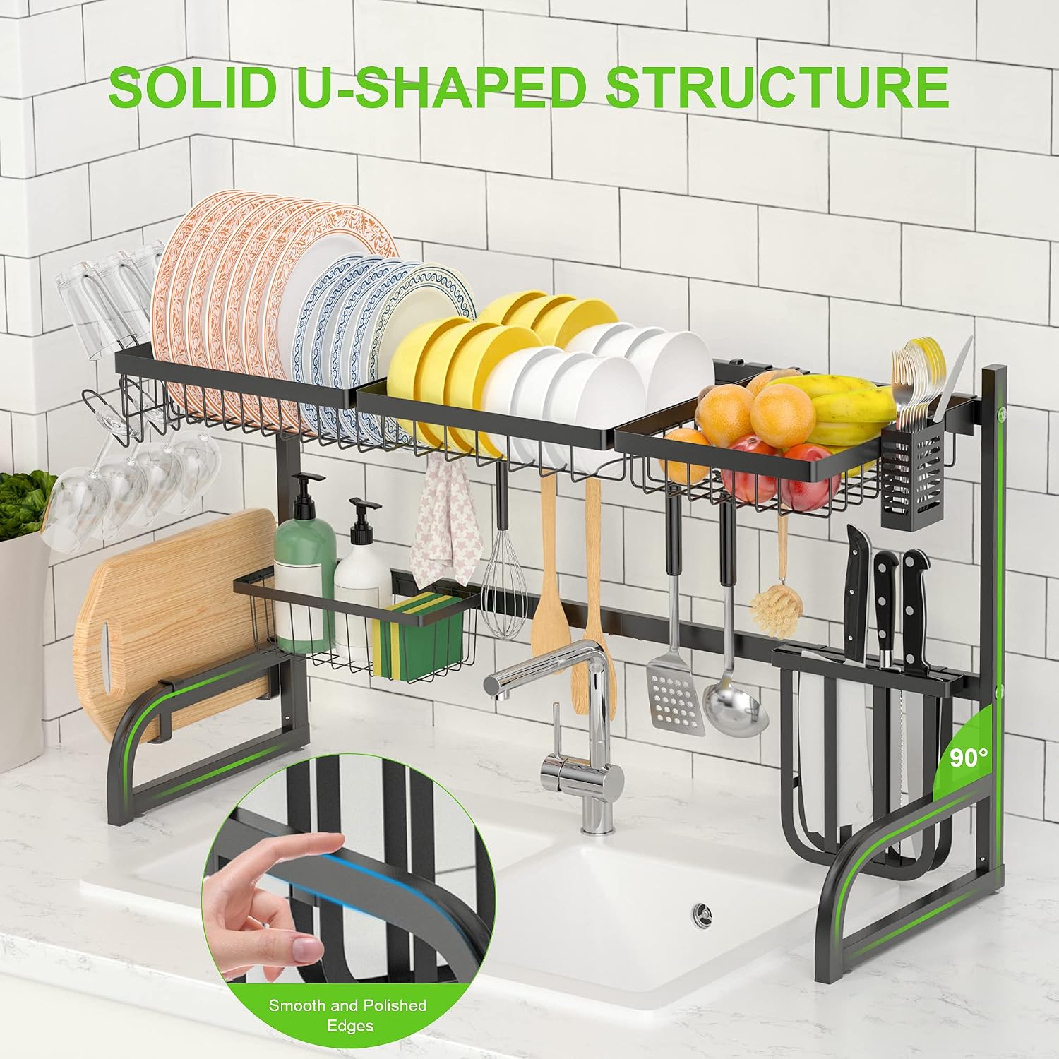 Over The Sink Dish Drying Rack, 2 Tier Adjustable Length Dish Rack (33.5"-39.4") Kitchen Sink Organizer Storage Rack, Dish Drying Rack for Organizer Home Kitchen Counter Space Saver (Black)