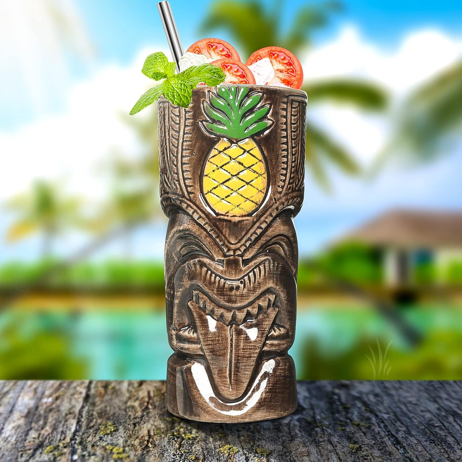 SuproBarware Tiki Mugs Set of 8 – Ceramic Hawaiian Party Drinkware, Tiki Bar Mugs for Cocktails, Premium Tropical Cups Drinks for Exotic Party