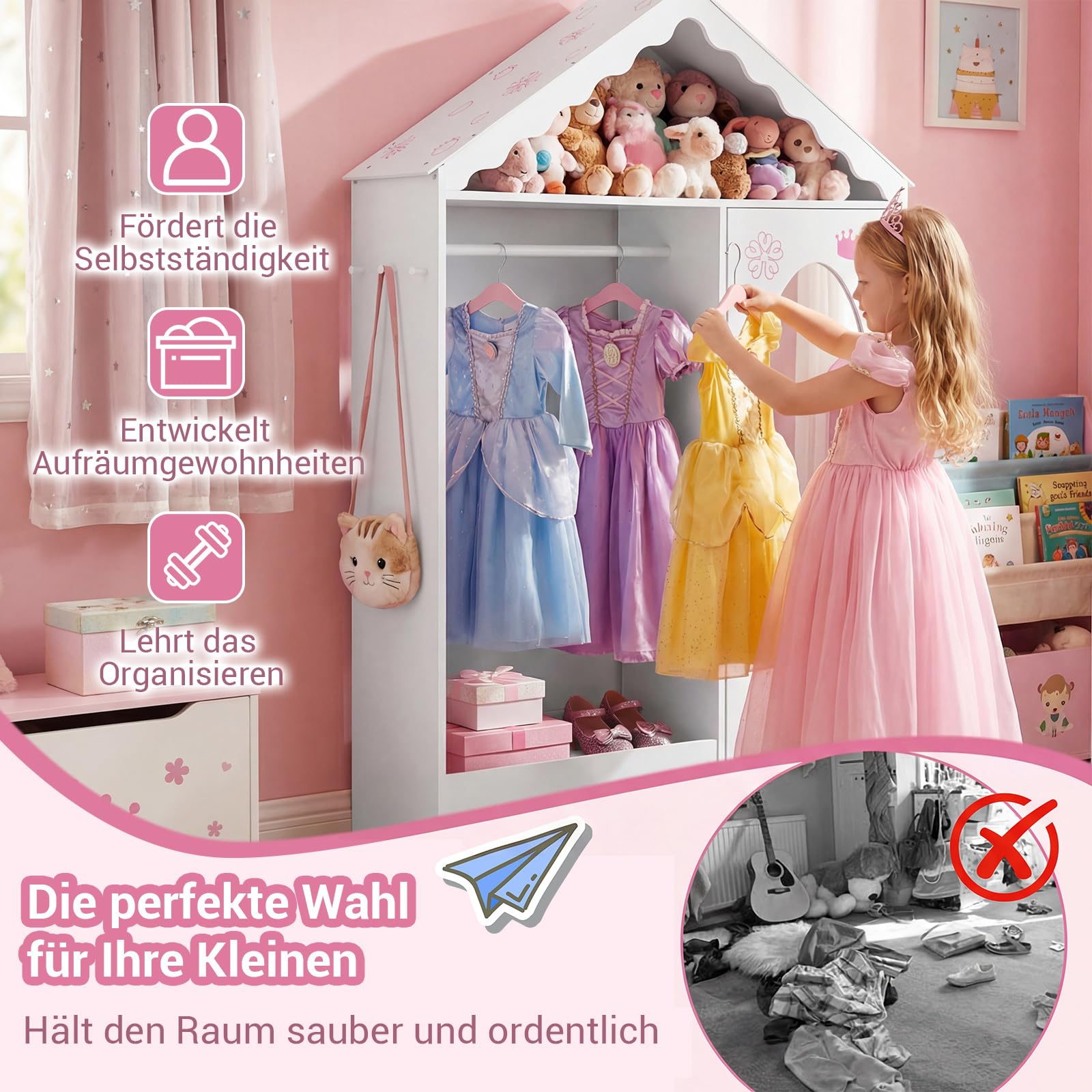 COSTWAY Kinder Kleiderschrank in Hausform, Kindergarderobe mit Spiegel, Kleiderstange, Regalen & Haken, Kinder Kleiderschrank für Kinderzimmer, Kleiderständer für Mädchen ab 3 Jahren (Weiß)