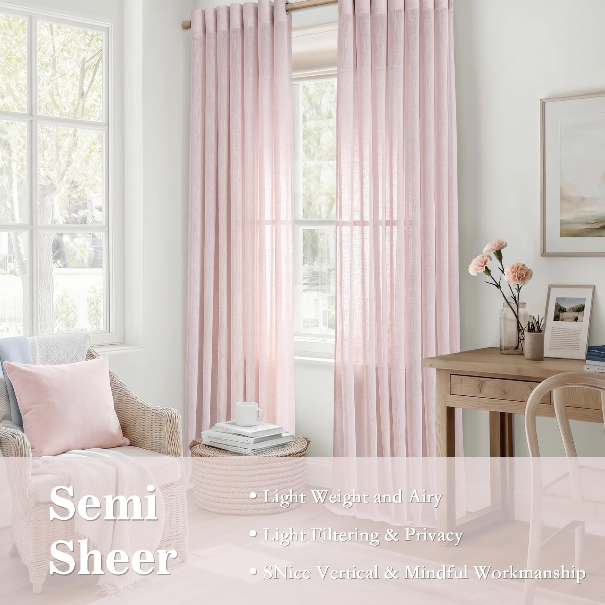 Rideau Rose Voilage 140x225cm Rideaux à Oeillet Semi-Transparent Décorations de Salon Moderne Enfant Chambre Cuisine Balcon Baie Vitrée Léger Romantique d'intérieur
