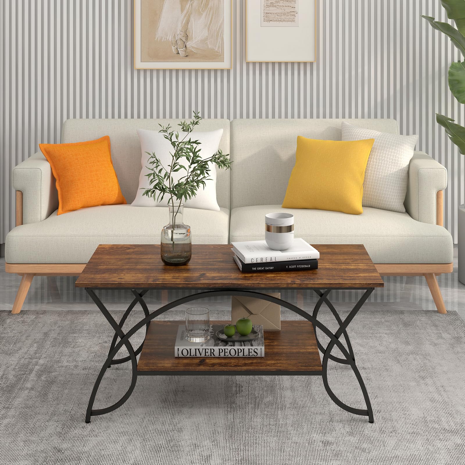 GIANTEX Tavolino da Caffè Oro, Tavolo da Salotto con Gambe in Metallo, Tavolino con Effetto Marmo per Soggiorno, Studio, Camera,110 x 50 x 46 cm (Marrone)