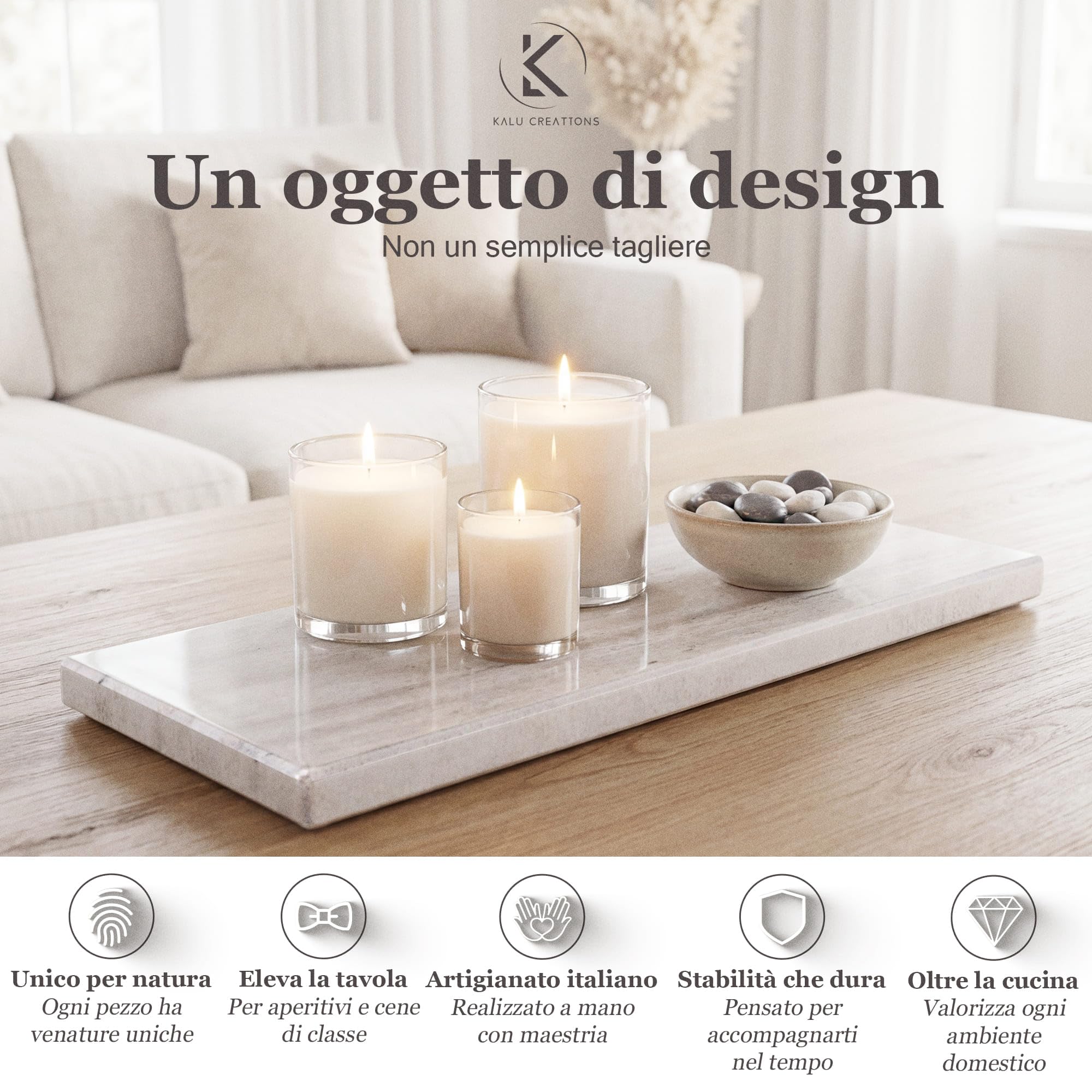 Schneidebrett aus massivem weißem Marmor 40 x 30 cm – Elegantes Küchenbrett für Käse, Sushi und Antipasti – Naturstein dick und schwer – Made in Italy | Kalu Creations