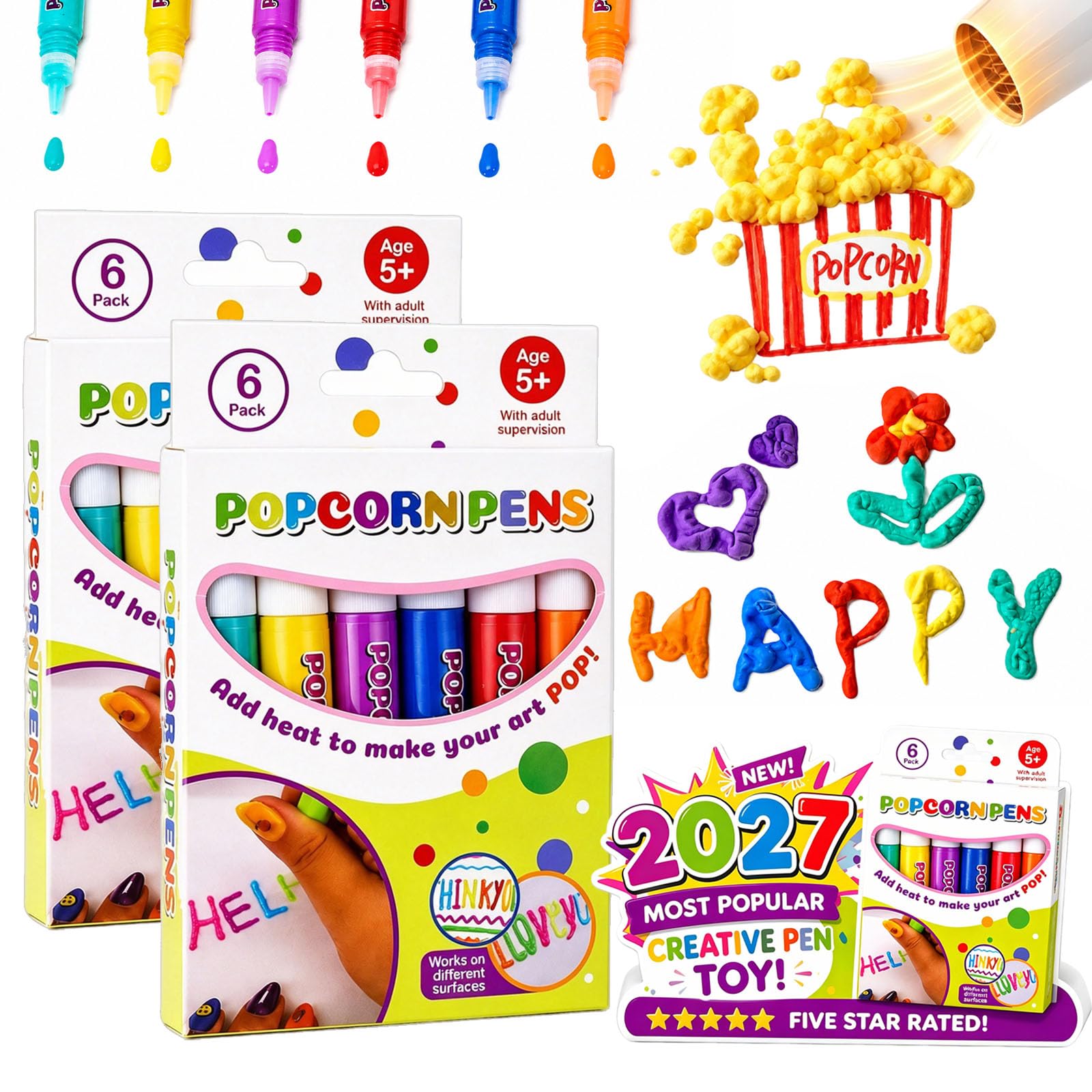 Magic Popcorn Pen, DIY Bubble Popcorn Drawing Pens, 3D Puffy Embellish Decorate Graffiti Stationery for Greeting Birthday Cards Kids Christmas (6 Colors-2 Boxes)