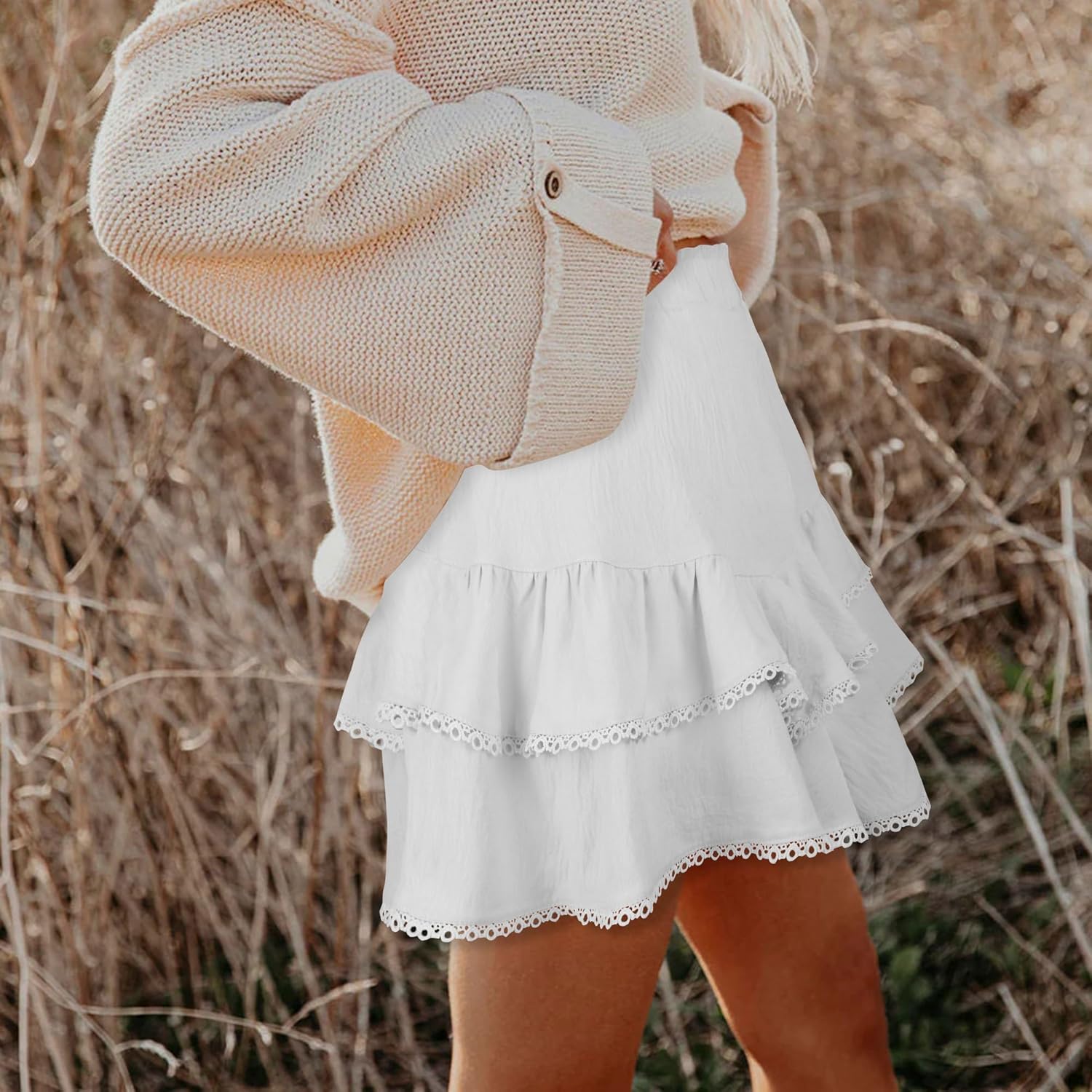 GOOBGS Flowy Shorts for Women High Waisted Lace Skort Trim Trendy Crochet Skirt Tennis Short - Image 3