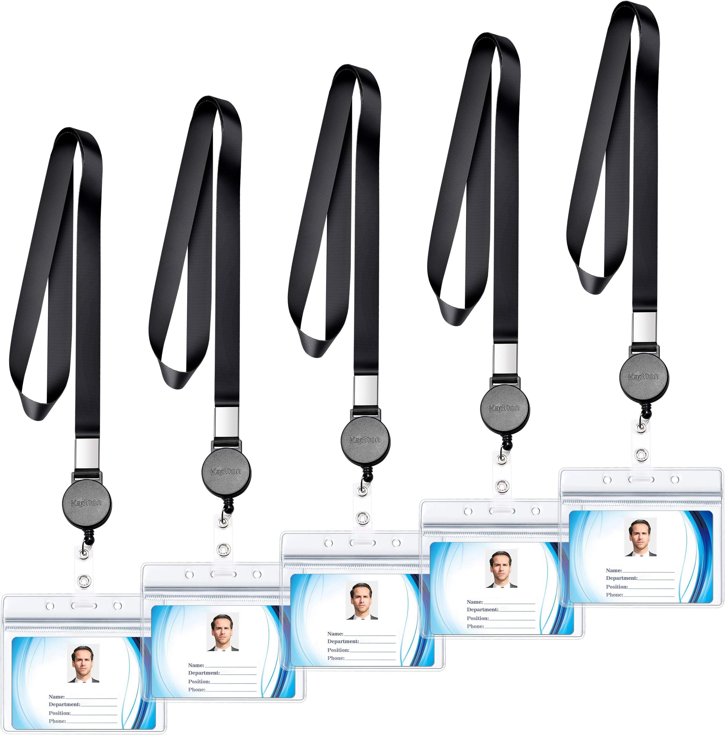Polyester ID Lanyard (5 Pack) - 20 Inch Flat Lanyard with Retractable Badge Reel and Horizontal Name Badge Holder for Offices, School, Driver Licence