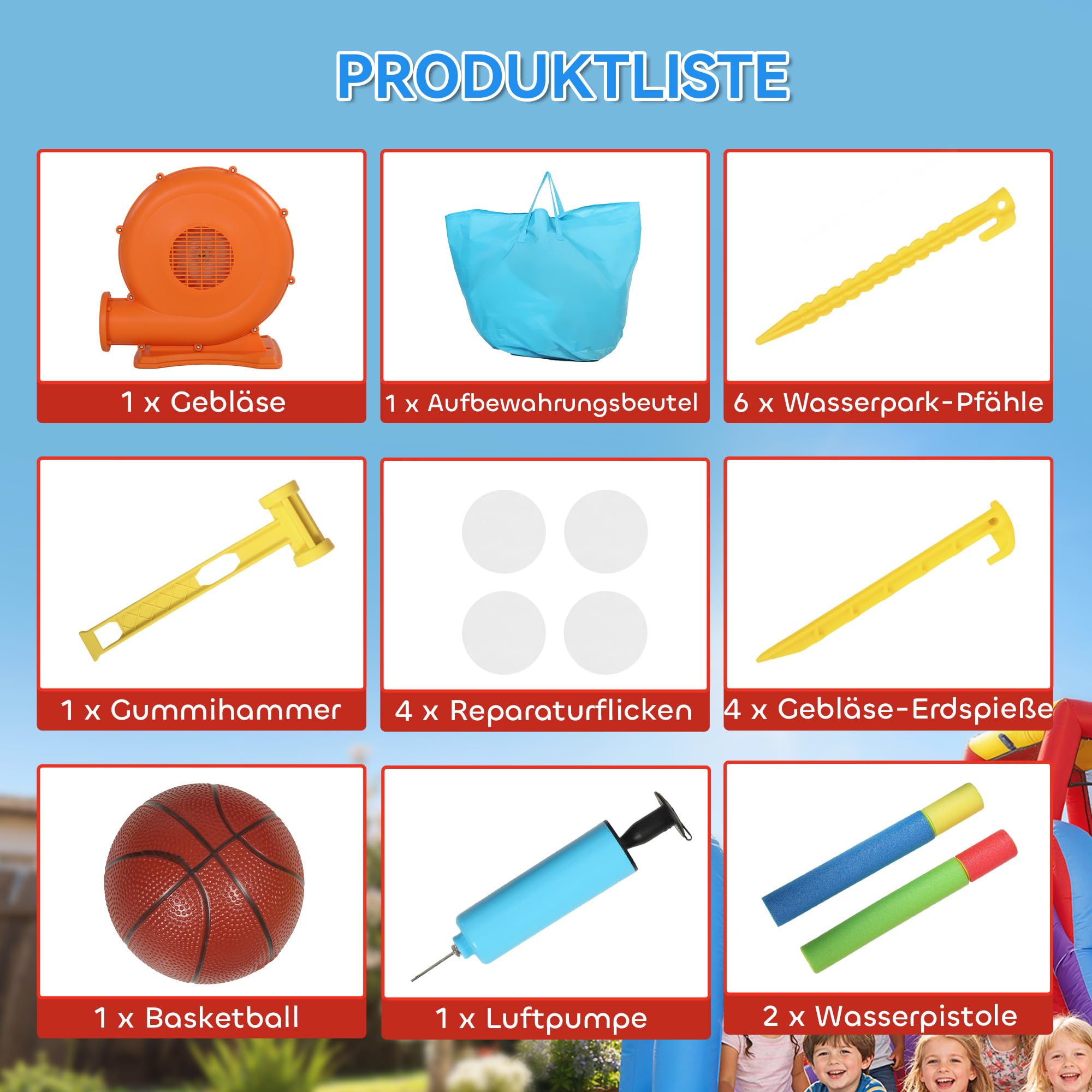 AIYAPLAY Hüpfburg mit Gebläse Aufblasbar Spielcenter mit Rutsche Trampolin Planschbecken/Bällebad Basketballkorb Wasserpistole Bouncy Castle für 3-8 Jahre Kinder für Indoor & Outdoor 342x255x209 cm