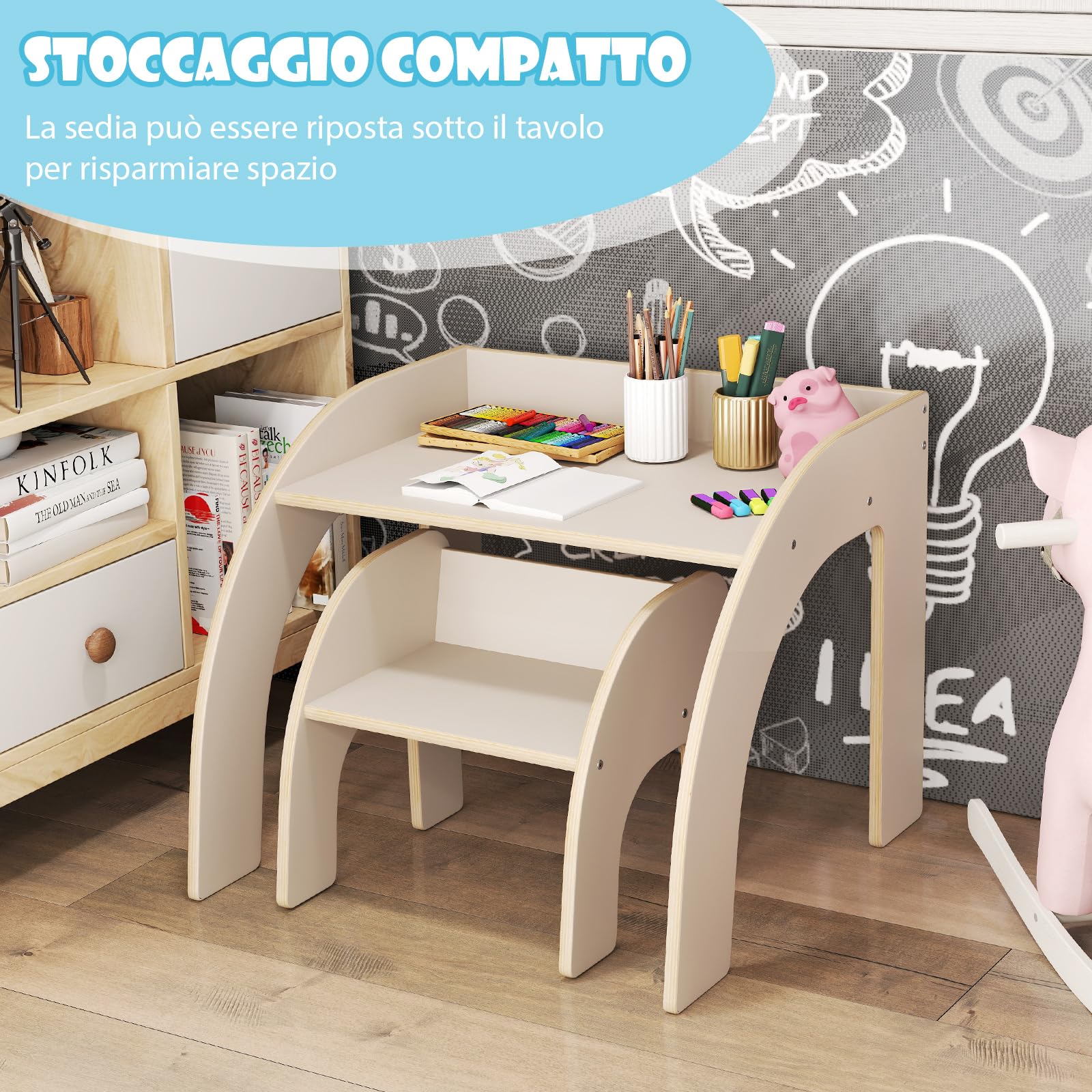 COSTWAY Set Tavolo e Sedie per Bambini 3+ Anni, Tavolino Legno con Sedie per Cameretta con Bordo Curvato e Ampio Piano, Mobile Salvaspazio per Camera da Letto, Soggiorno e Asilo (Bianco)