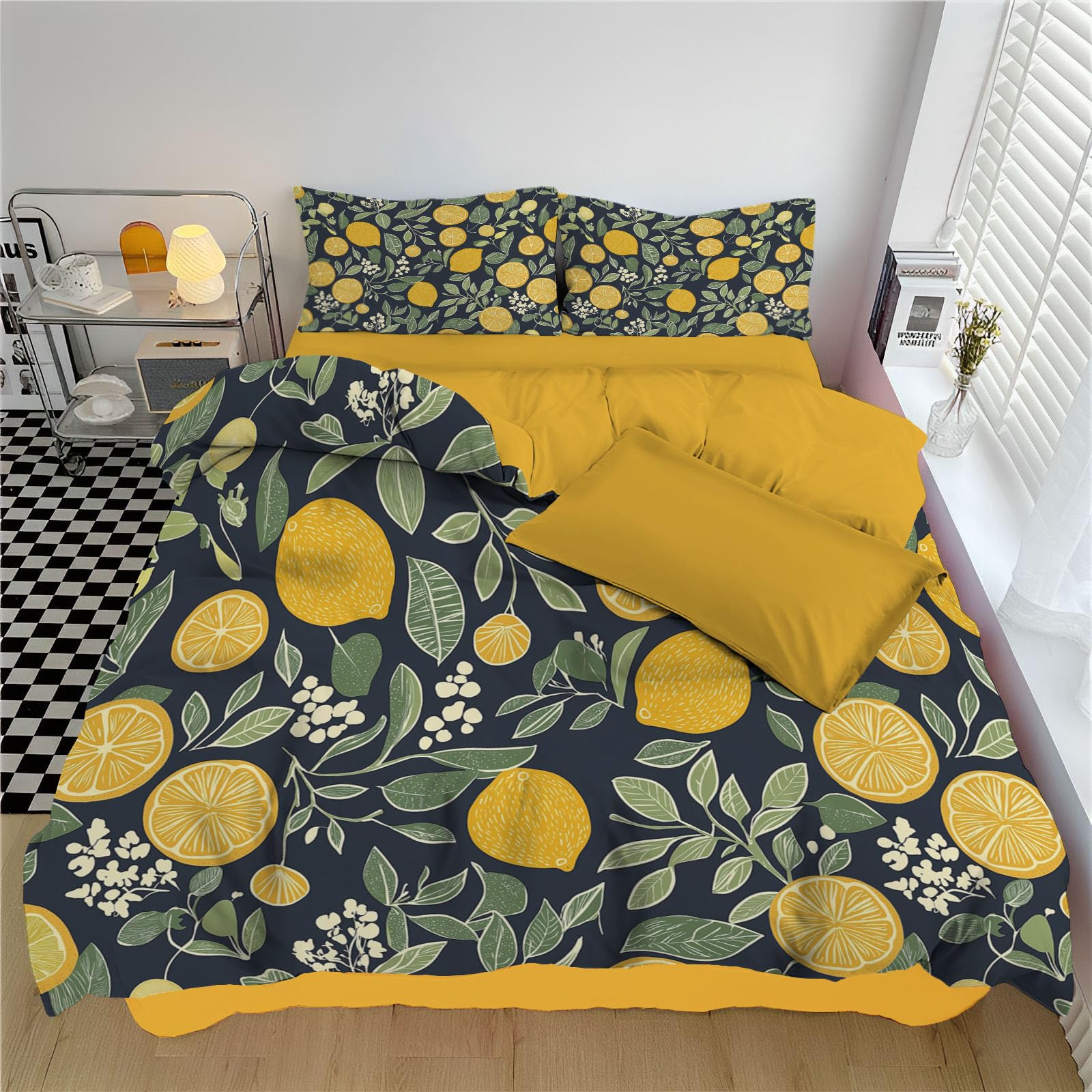 Housse de Couette 140x200cm Bleu Foncé Motif Orange et 2 Taies d'Oreiller