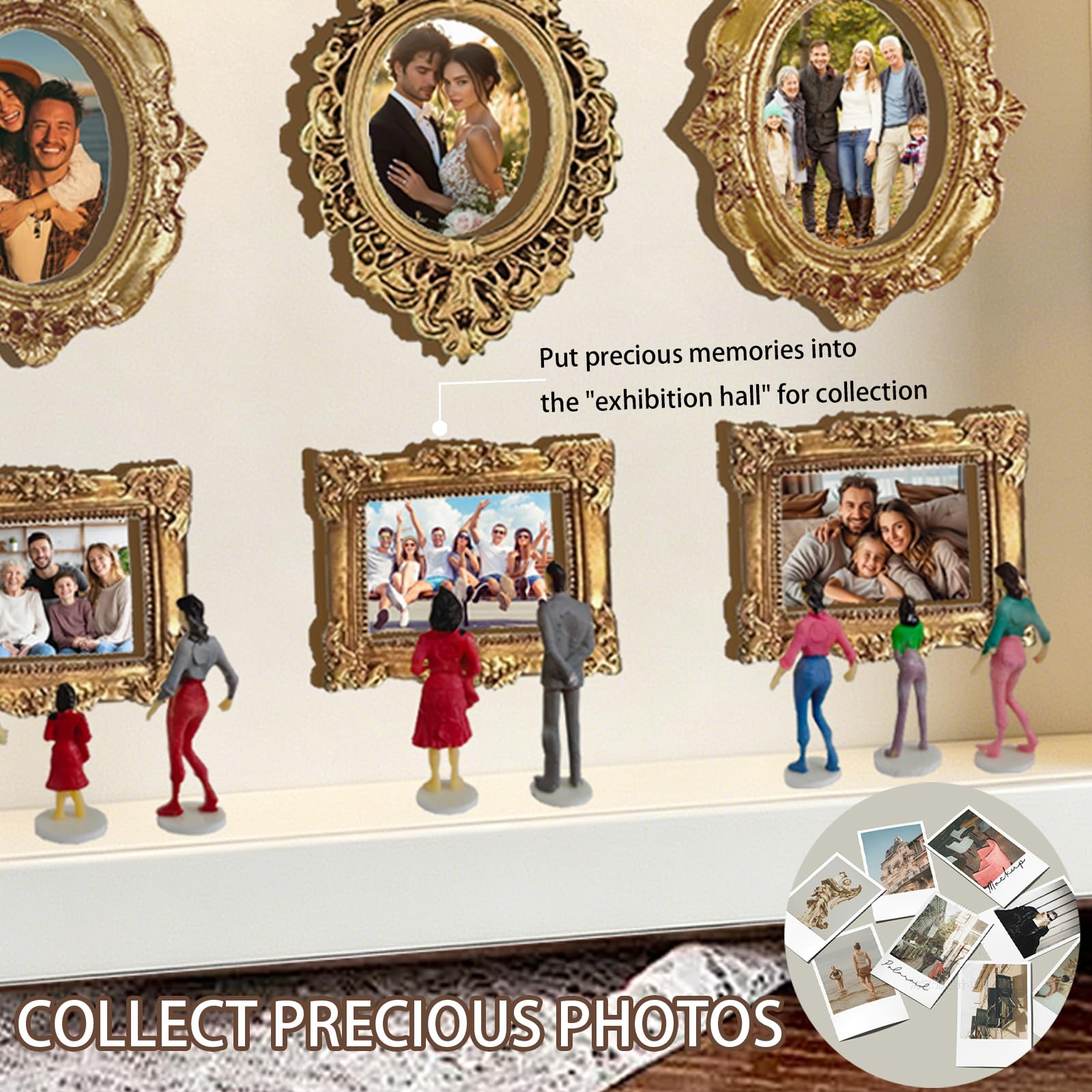 YOUYIKE Mini Muzeum Ramka na zdjęcia z diodami LED, zestaw do zrobienia własnej białej ramki Muzeum nas z 8 mini złotymi małymi obrazami i miniaturowymi figurkami do dekoracji wnętrz, prezent ślubny