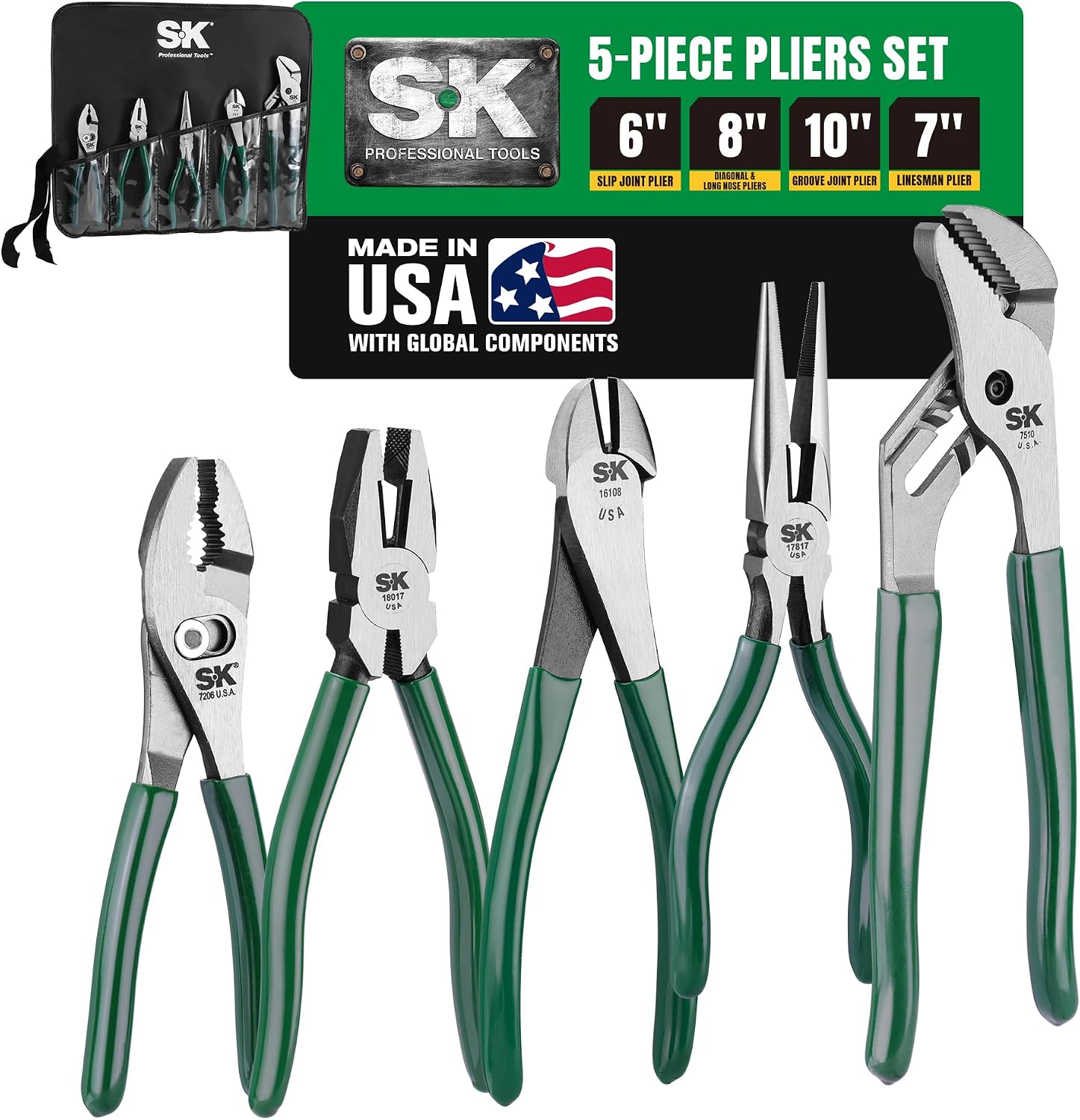 SK Tools USA 5-Piece Pliers Set, Clamping & Cutting Pliers, Roll-Up Pouch
