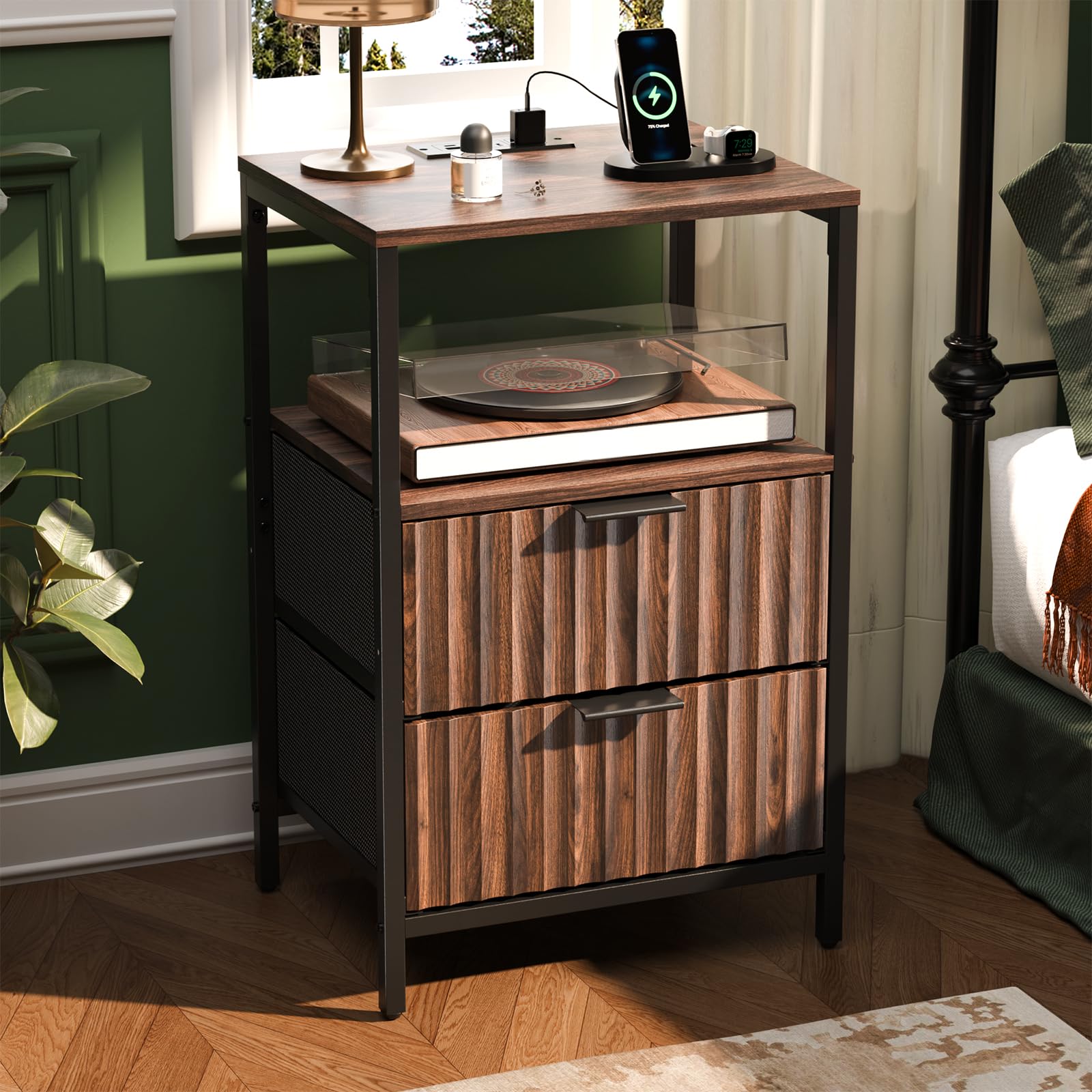 VINGLI Walnut Nightstand with Charging Station and Fabric Drawers, Fluted Nightstand with Drawers, Bedside Table/End Table with Charger Station, Side Table Bedroom, Small Night Stand Dark Walnut