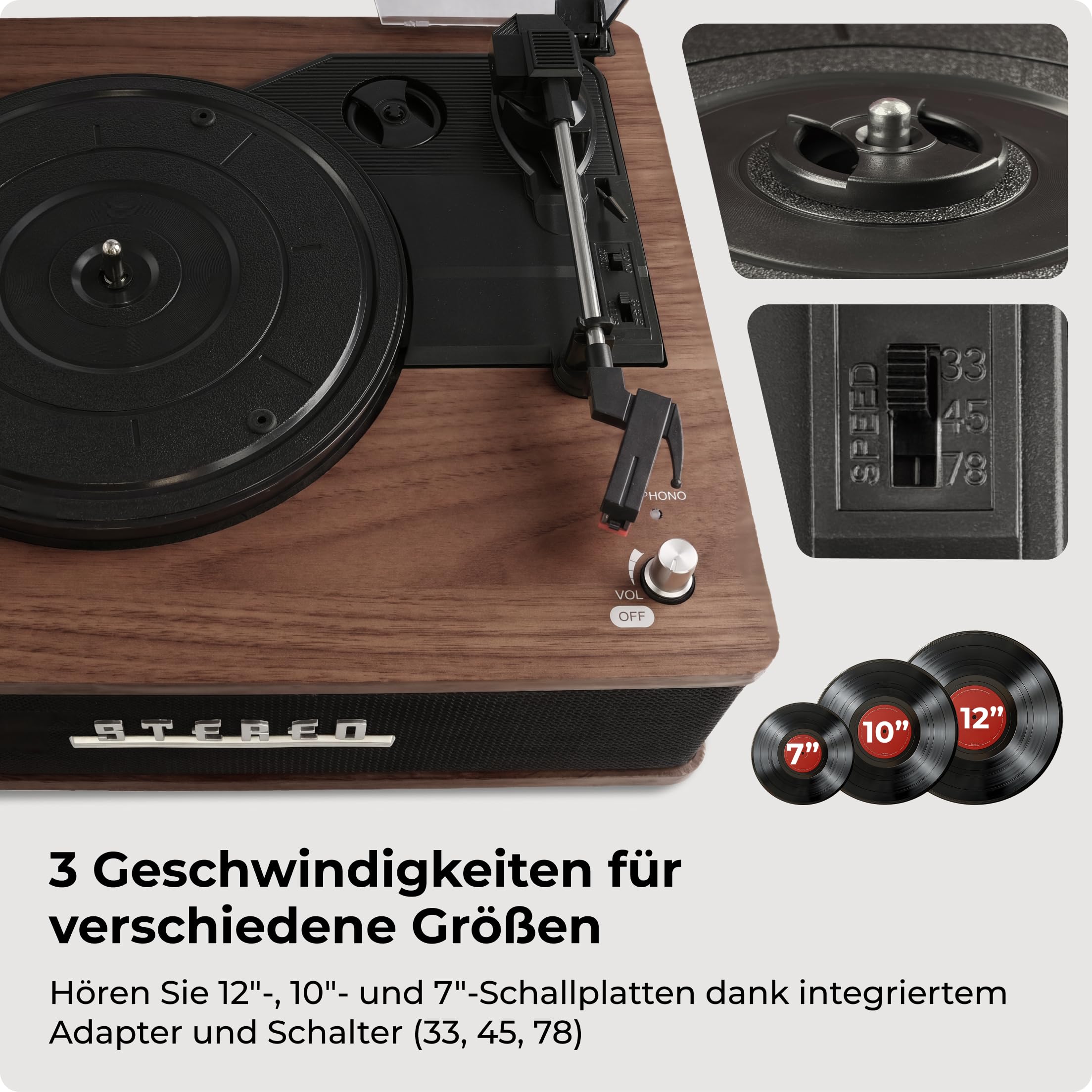 Retro Plattenspieler mit Bluetooth & eingebauten Lautsprechern – Denver VPB‑262 Multi-Speed Turntable Music System (33 ⅓ / 45 / 78 RPM) mit Line‑Out & Auto‑Stop