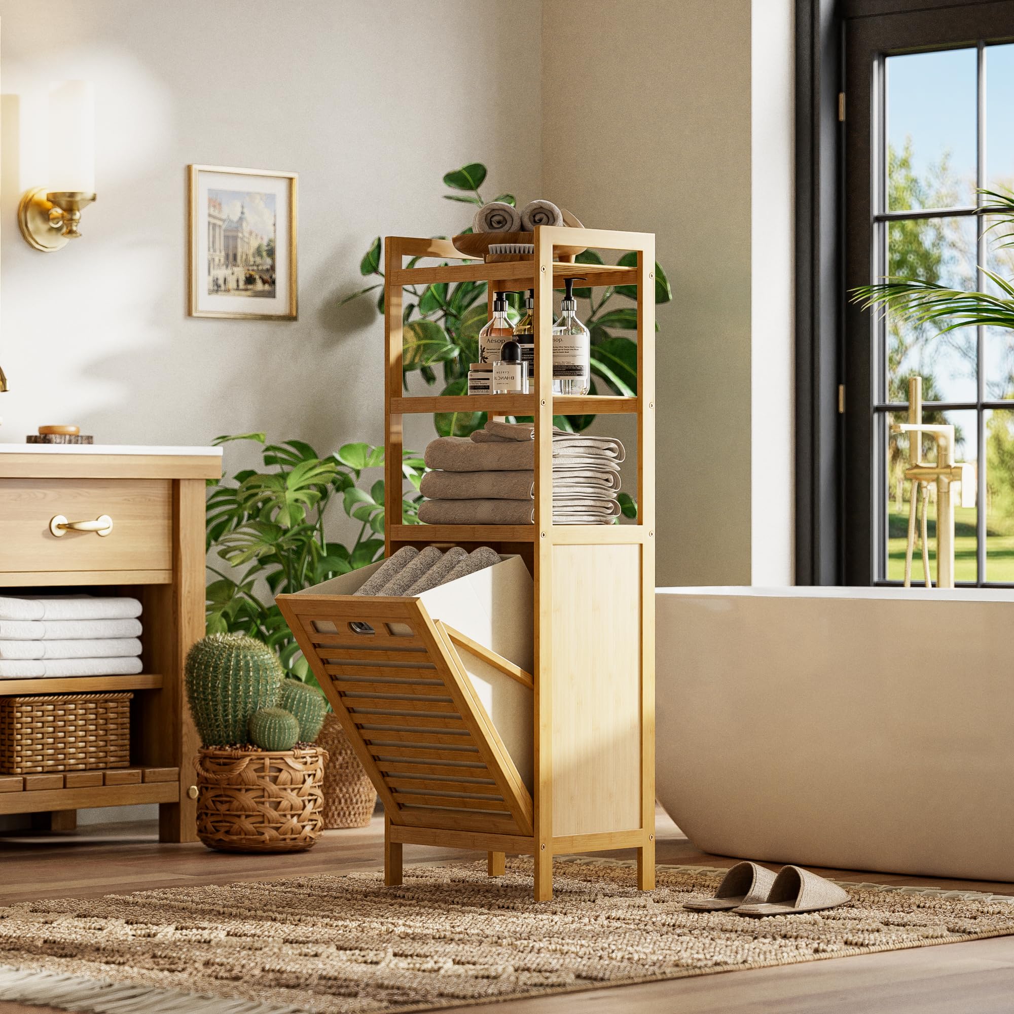HITNET Meuble Salle de Bain avec Panier à Linge, Armoire Bas Salle de Bain en Bambou avec 3 étagères Ouvertes, 40L Sac Intérieur Amovible pour Buanderie, Toilette et Chambre à Coucher, Naturel